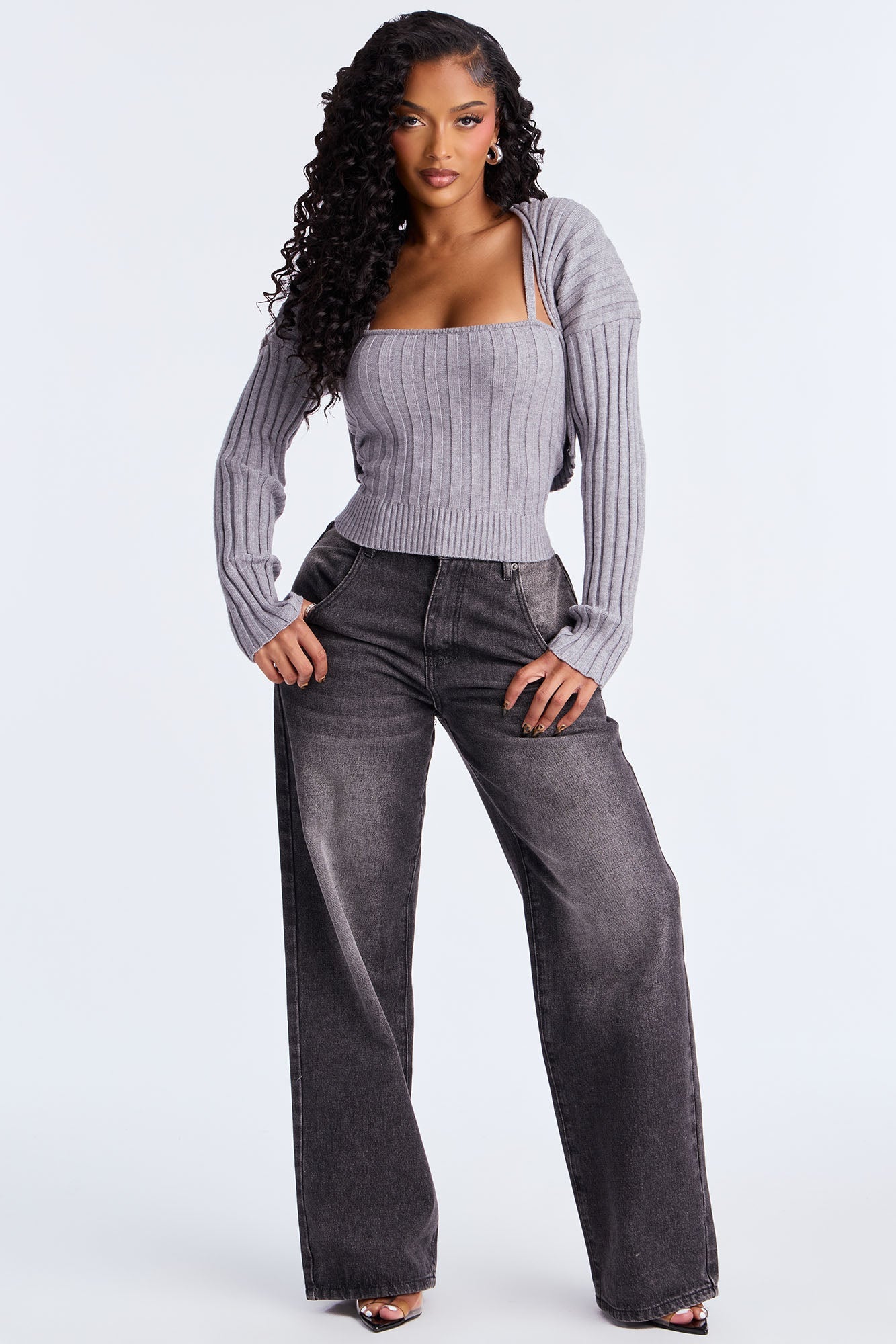 Take Your Time Ribbed 2pc Sweater Set - Heather Grey