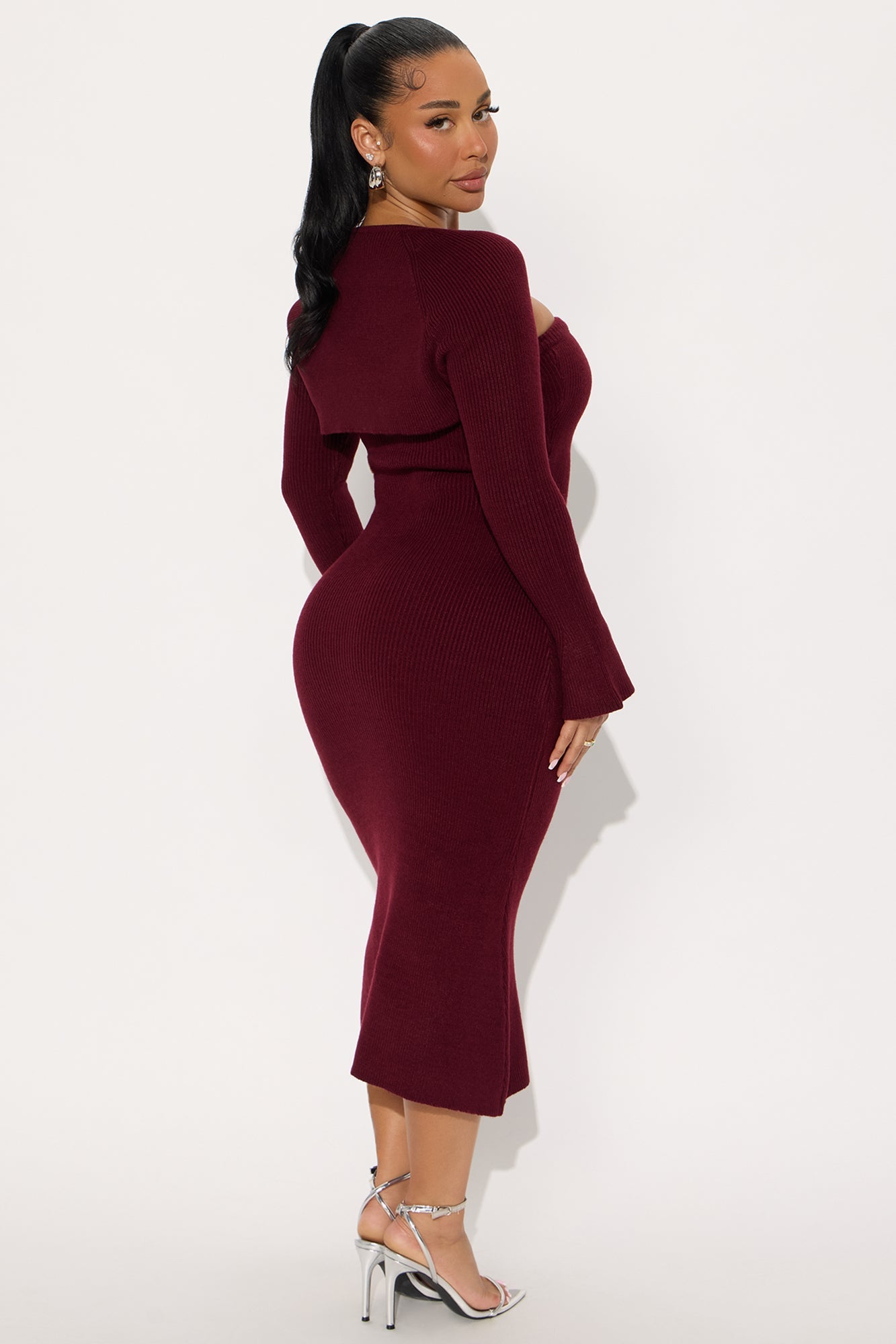 Twice As Cute Bolero Sweater Midi Dress Set - Burgundy