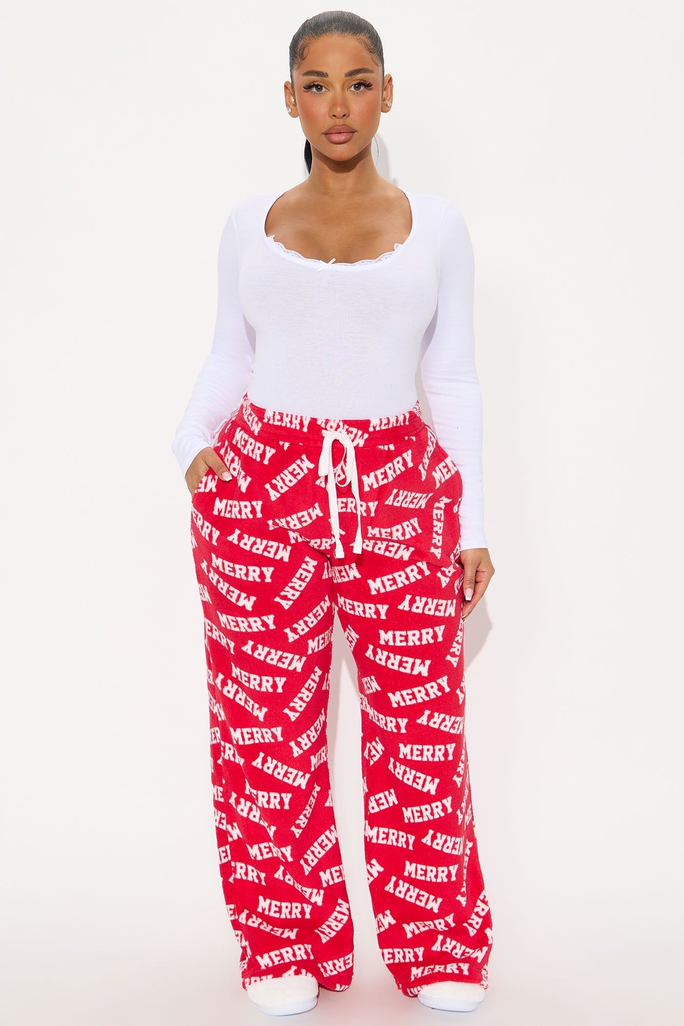 Merry Everything Matching Family Plush PJ Pants - Red/White