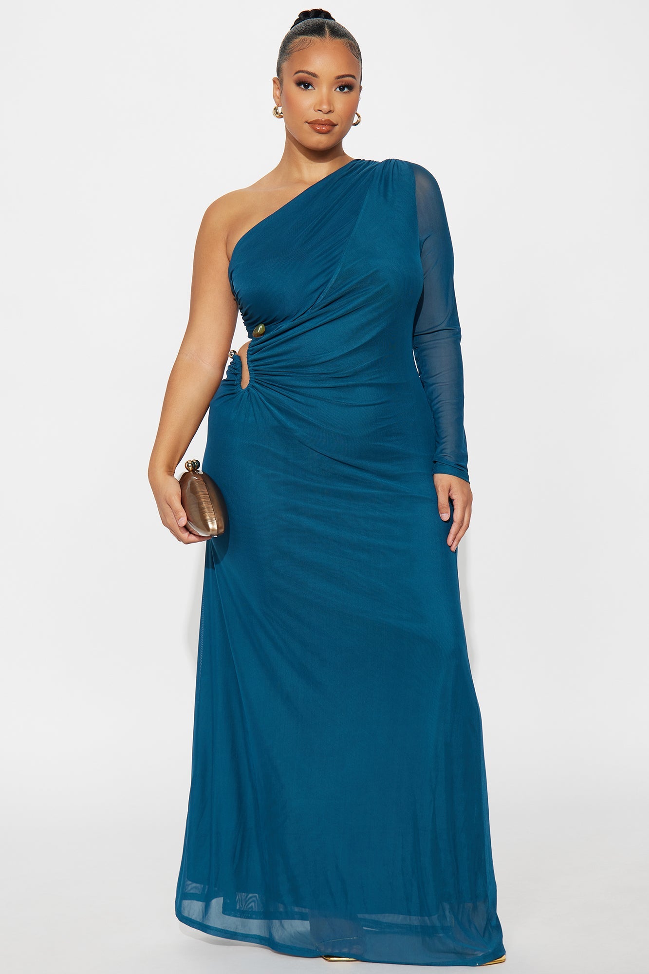 Jenna One Shoulder Sleeved Maxi Dress - Teal