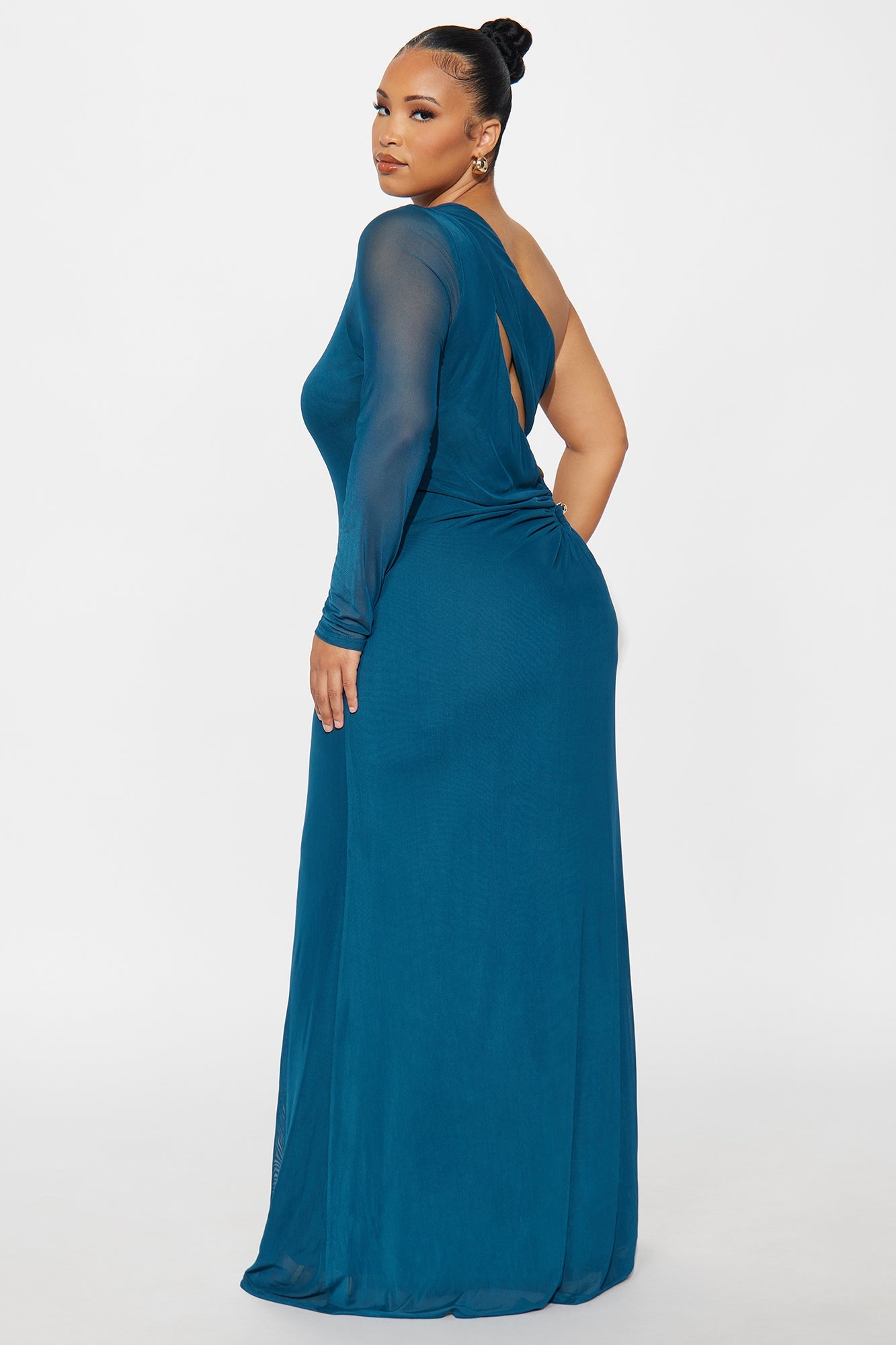 Jenna One Shoulder Sleeved Maxi Dress - Teal