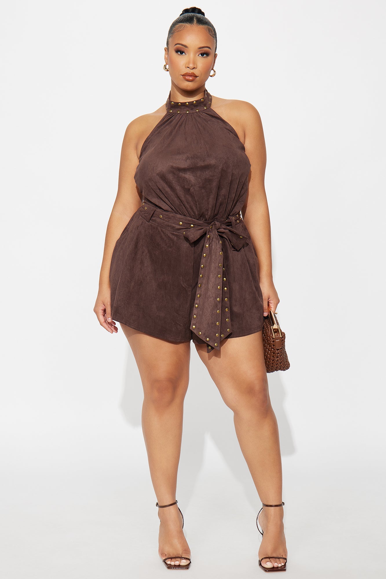 Johanna Faux Suede Studded Romper - Brown