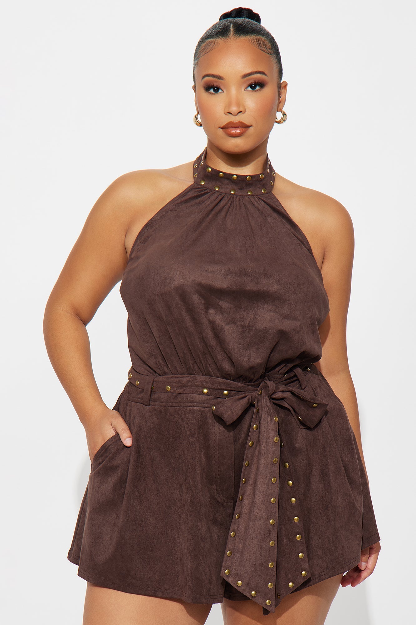 Johanna Faux Suede Studded Romper - Brown