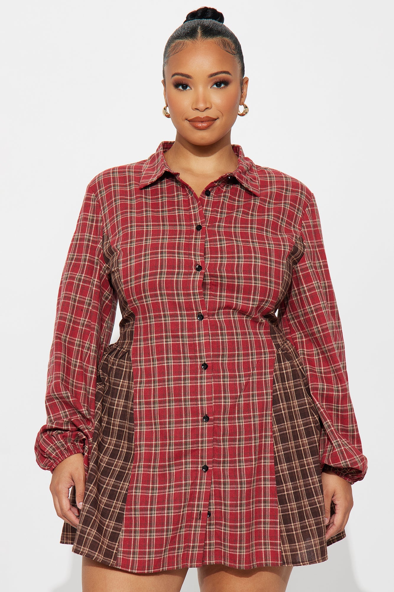 Payton Button Up Flannel Mini Dress - Red/combo