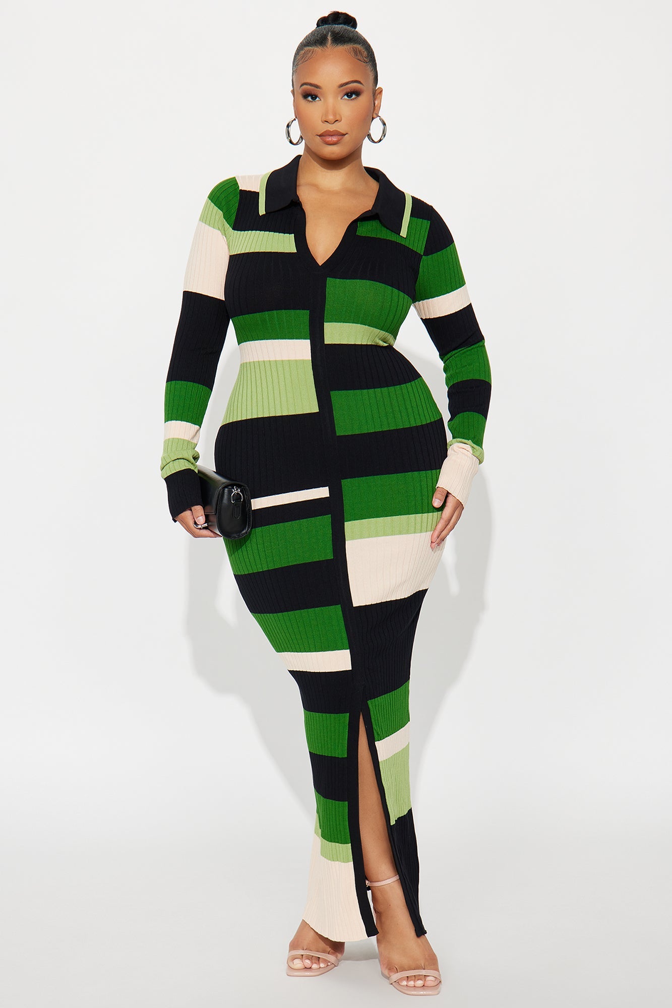 Carolina Collared Long Sleeve Sweater Maxi Dress - Green/combo