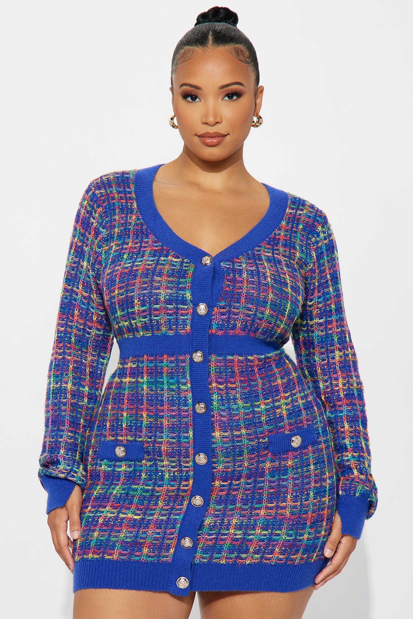 Boss Babe Plaid Sweater Mini Dress - Navy/combo
