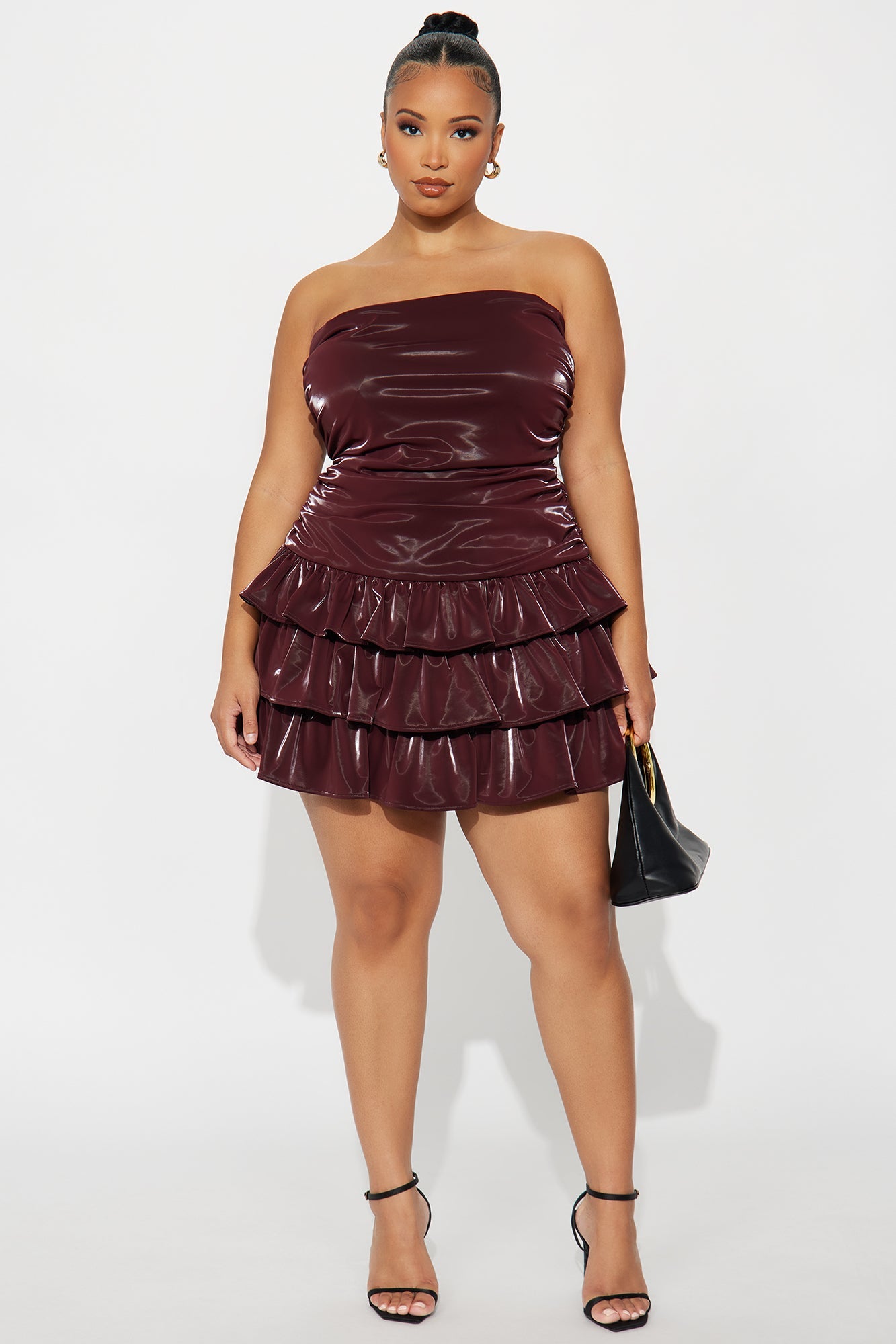 Perla Ruffle Faux Patent Leather Mini Dress - Wine