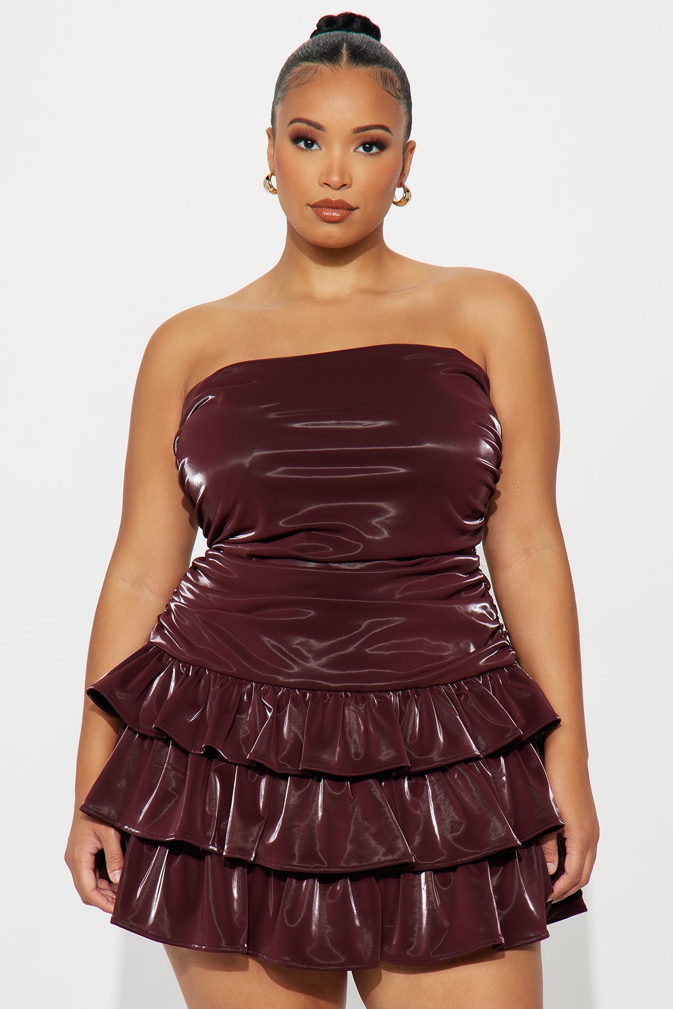 Perla Ruffle Faux Patent Leather Mini Dress - Wine