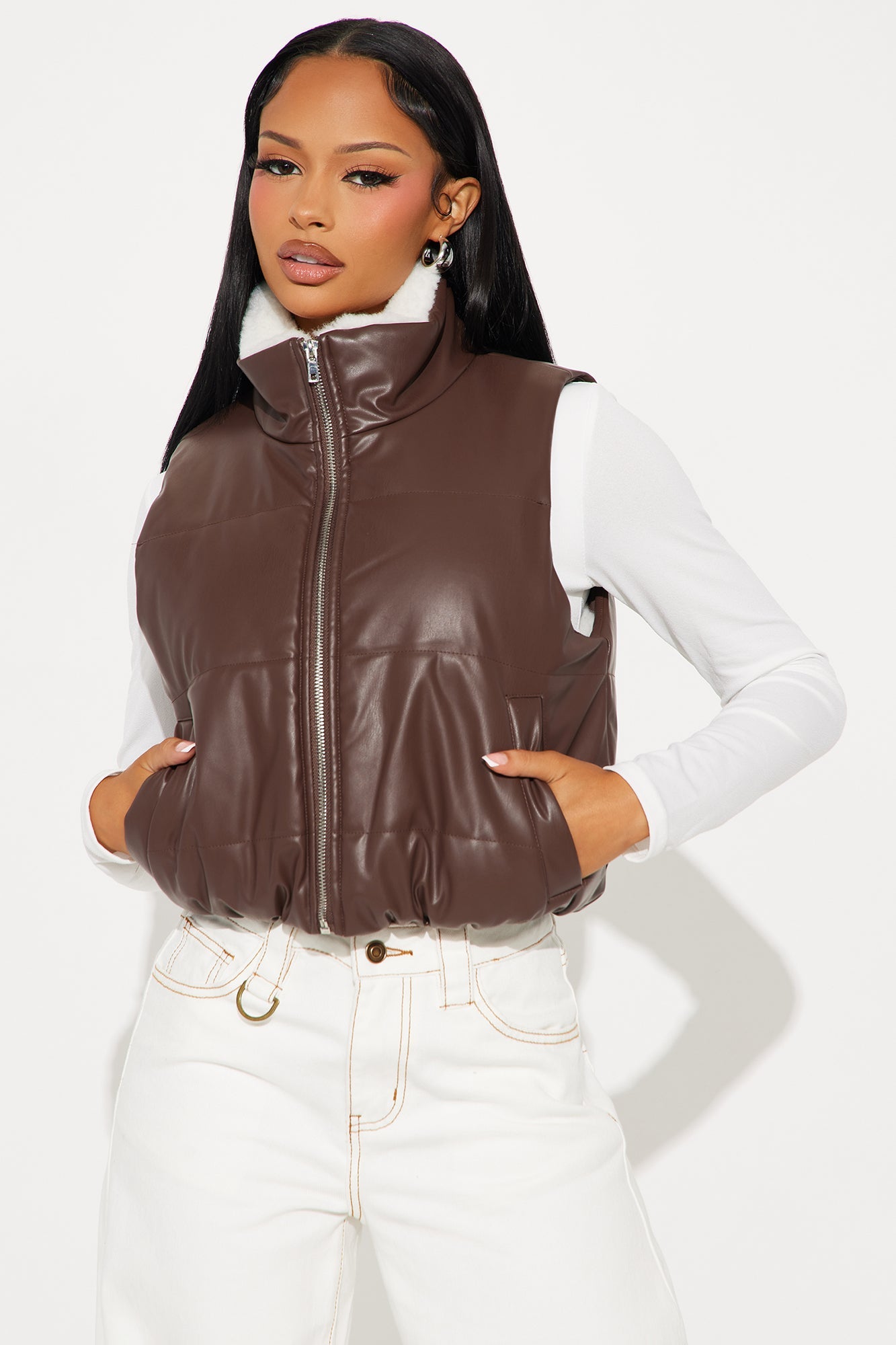 Dana Faux Leather Puffer Vest - Chocolate