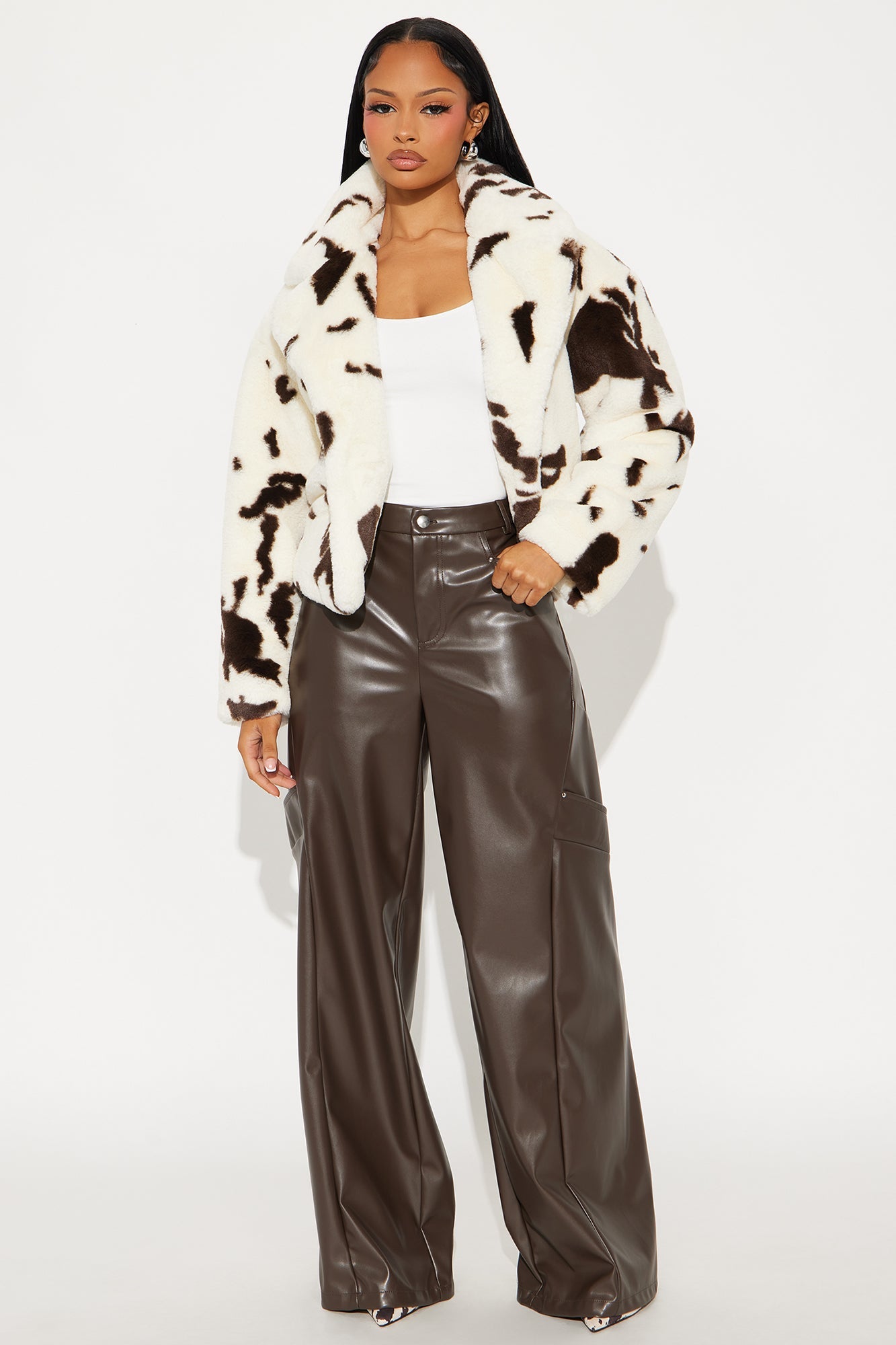 Jessie Faux Fur Cow Print Coat - Brown/combo