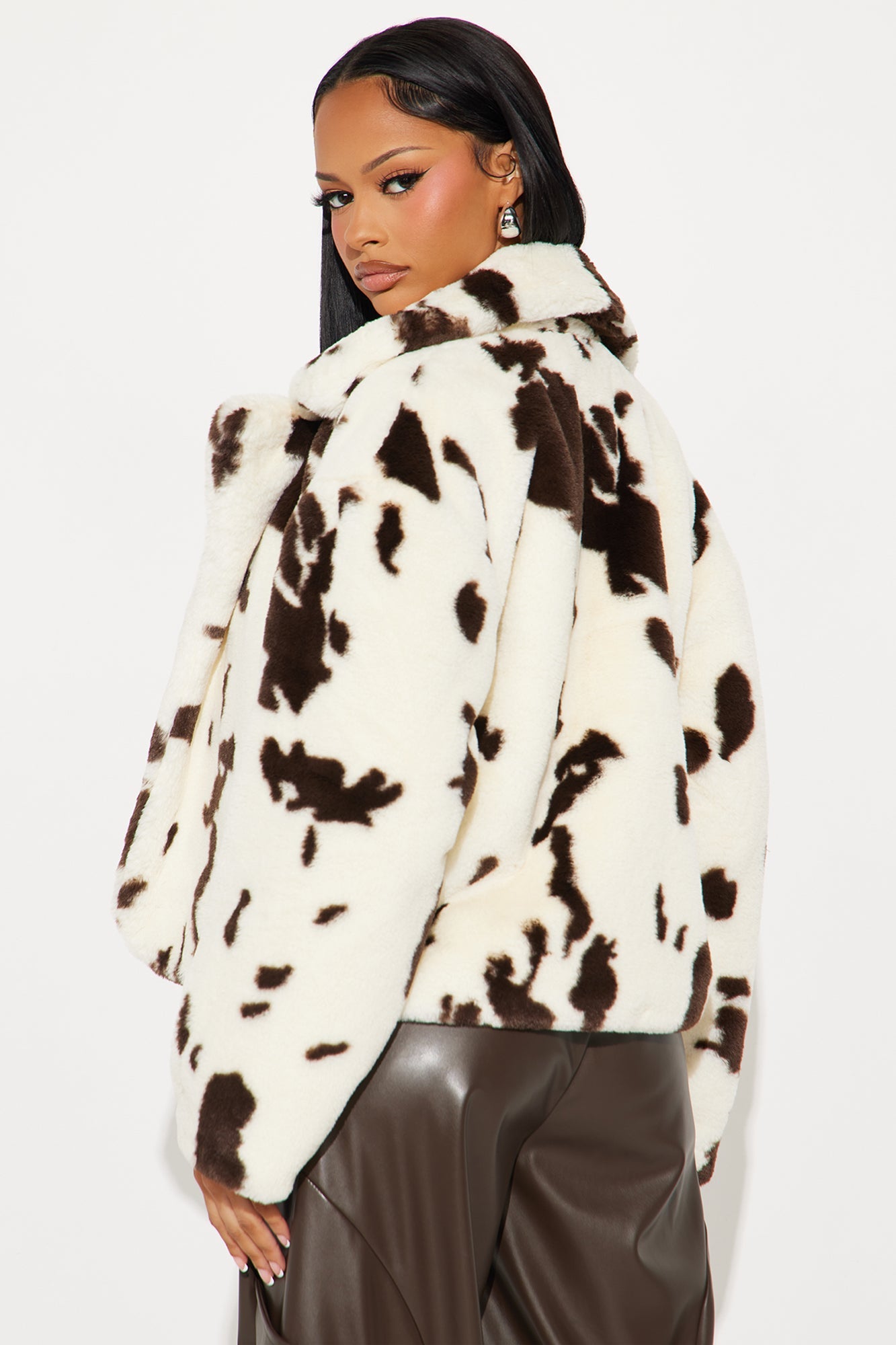 Jessie Faux Fur Cow Print Coat - Brown/combo