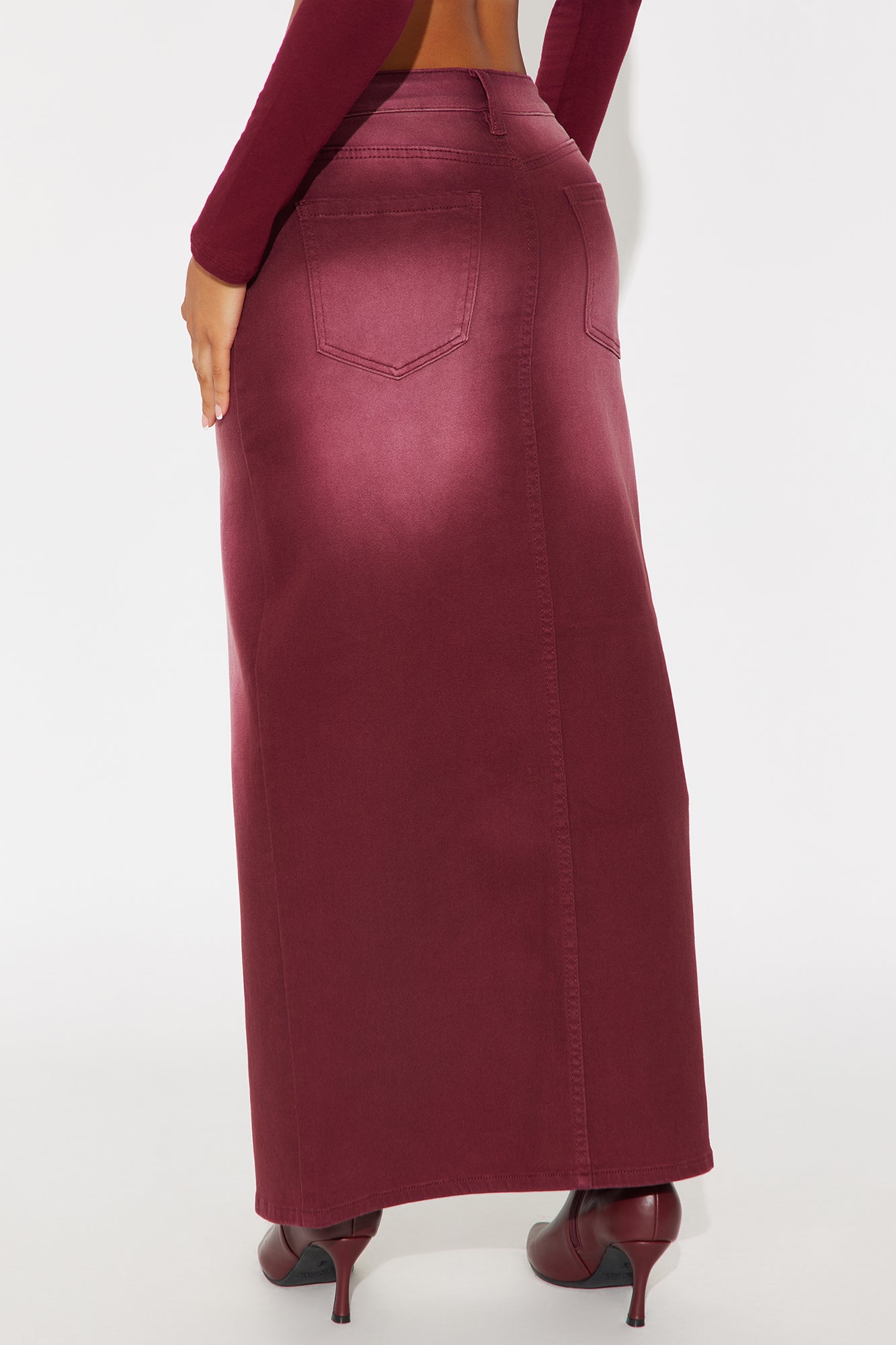 Nicole Burgundy Wash Denim Maxi Skirt - Burgundy