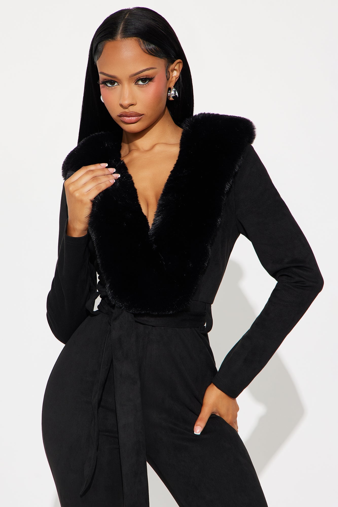 Hard To Handle Faux Suede Fur Trim Jumpsuit - Black