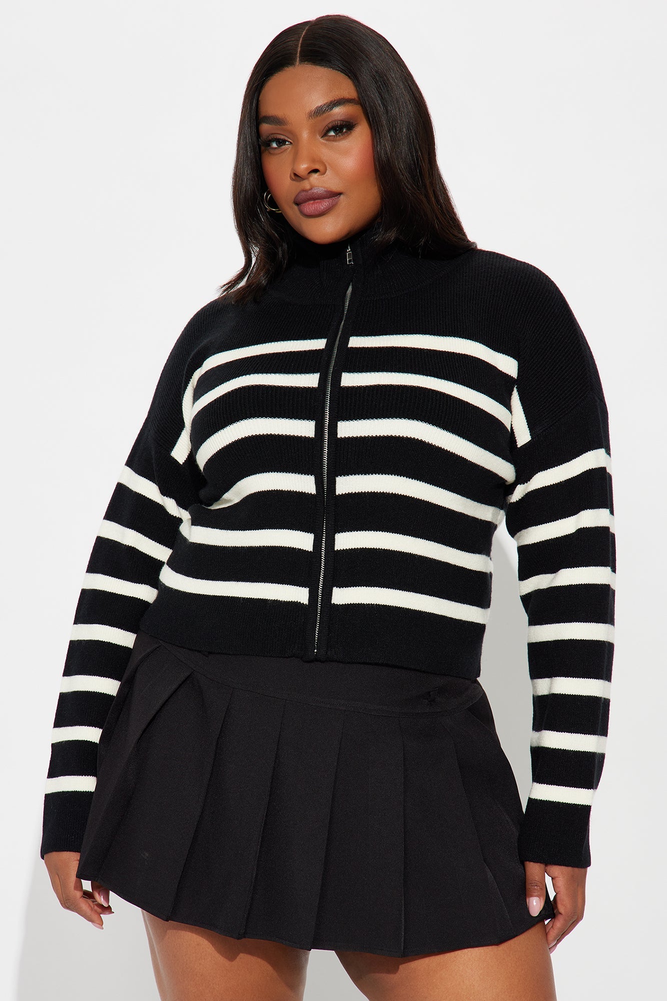 Amelia Front Zip Striped Cardigan - Black/combo