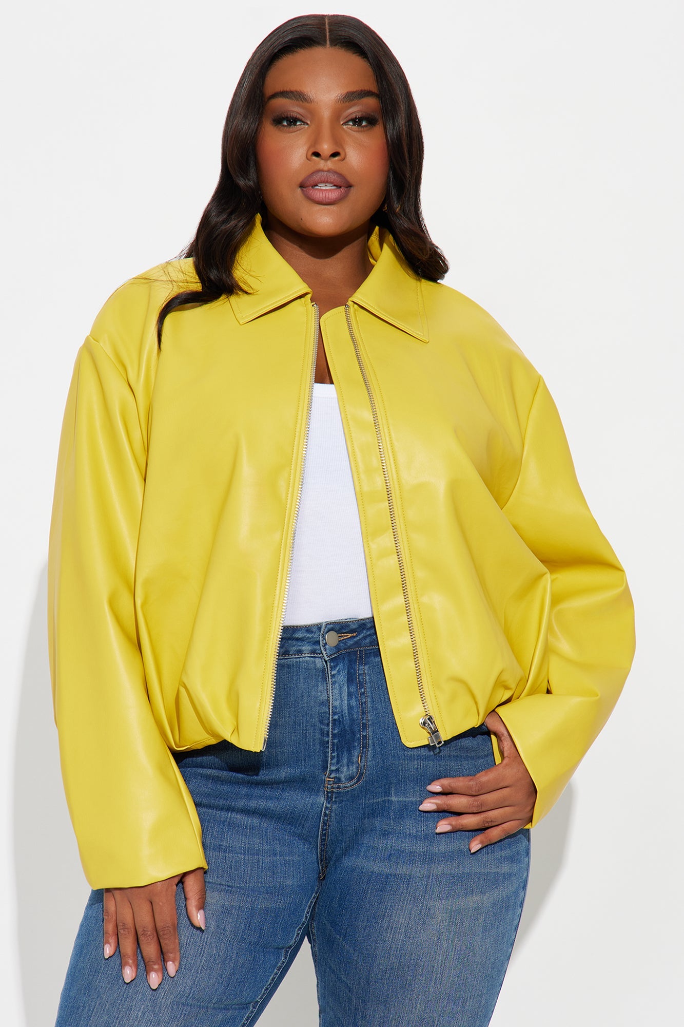 Iman It Girl Faux Leather Bomber Jacket - Yellow