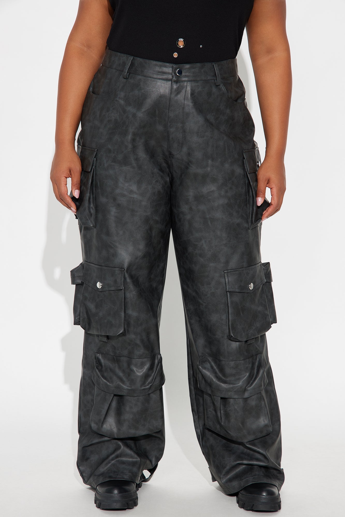 Weekend Warrior Washed Faux Leather Cargo Pant - Black Wash