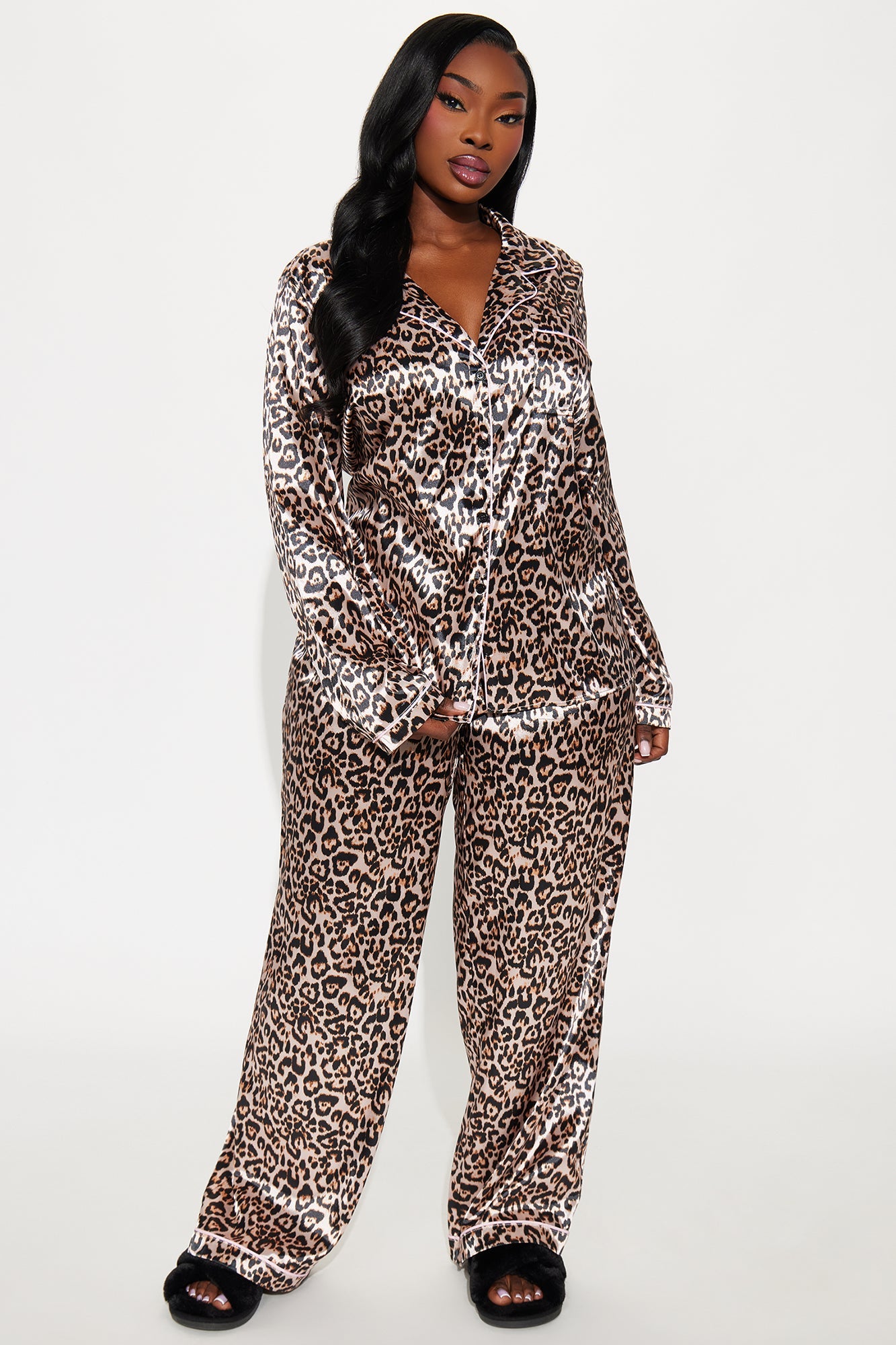 Bedtime Stretch Satin Long Sleeve PJ Pant Set - Leopard