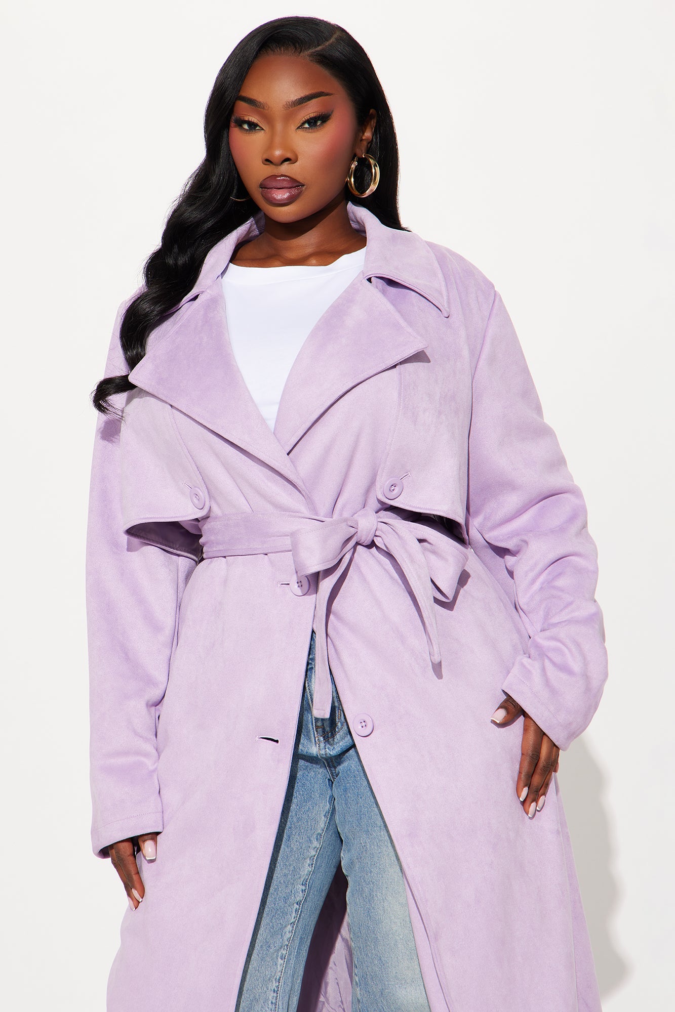 Topic of Conversation Faux Suede Trench Coat - Lavender