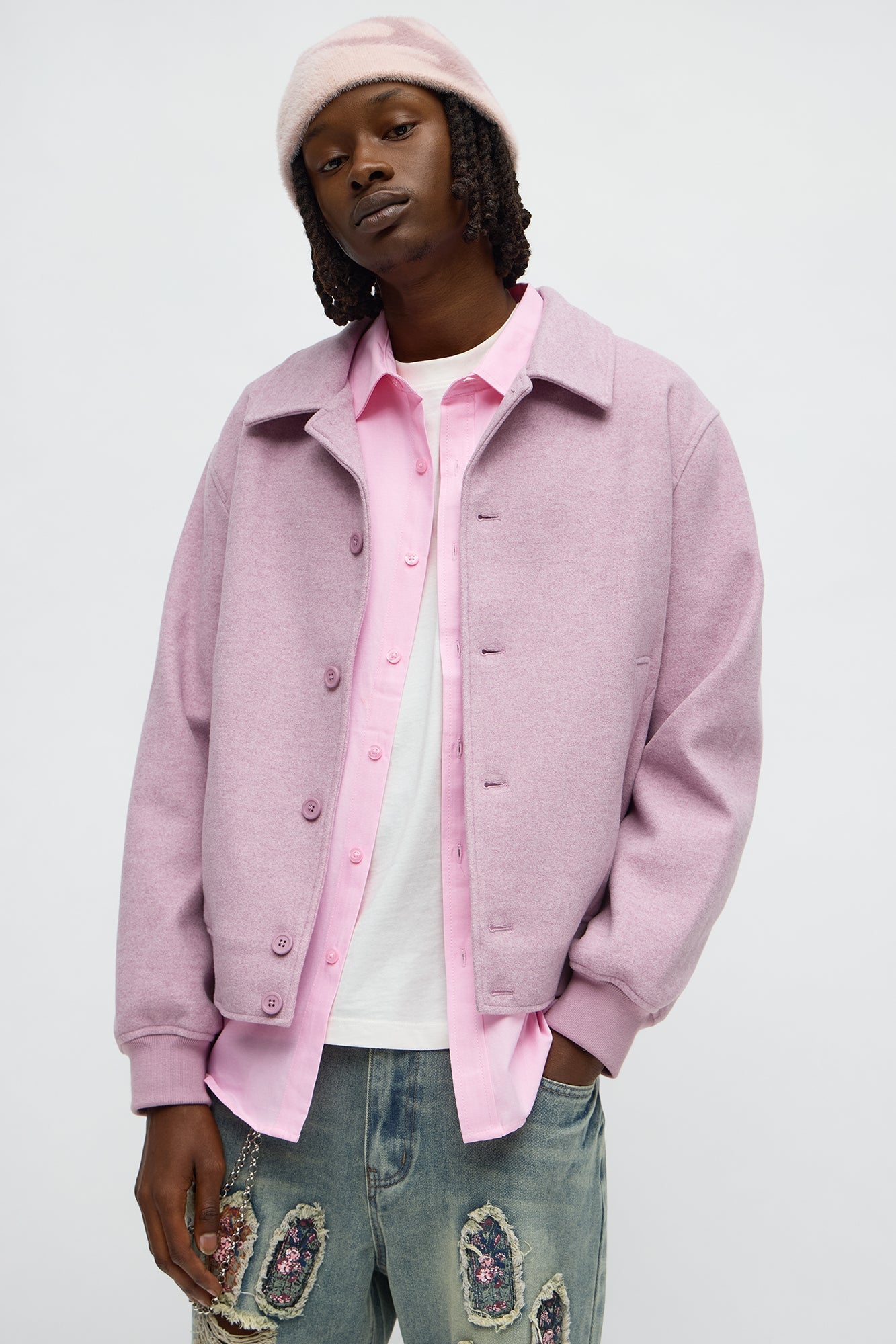 Elevated On The Run Faux Wool Bomber Jacket - Mauve