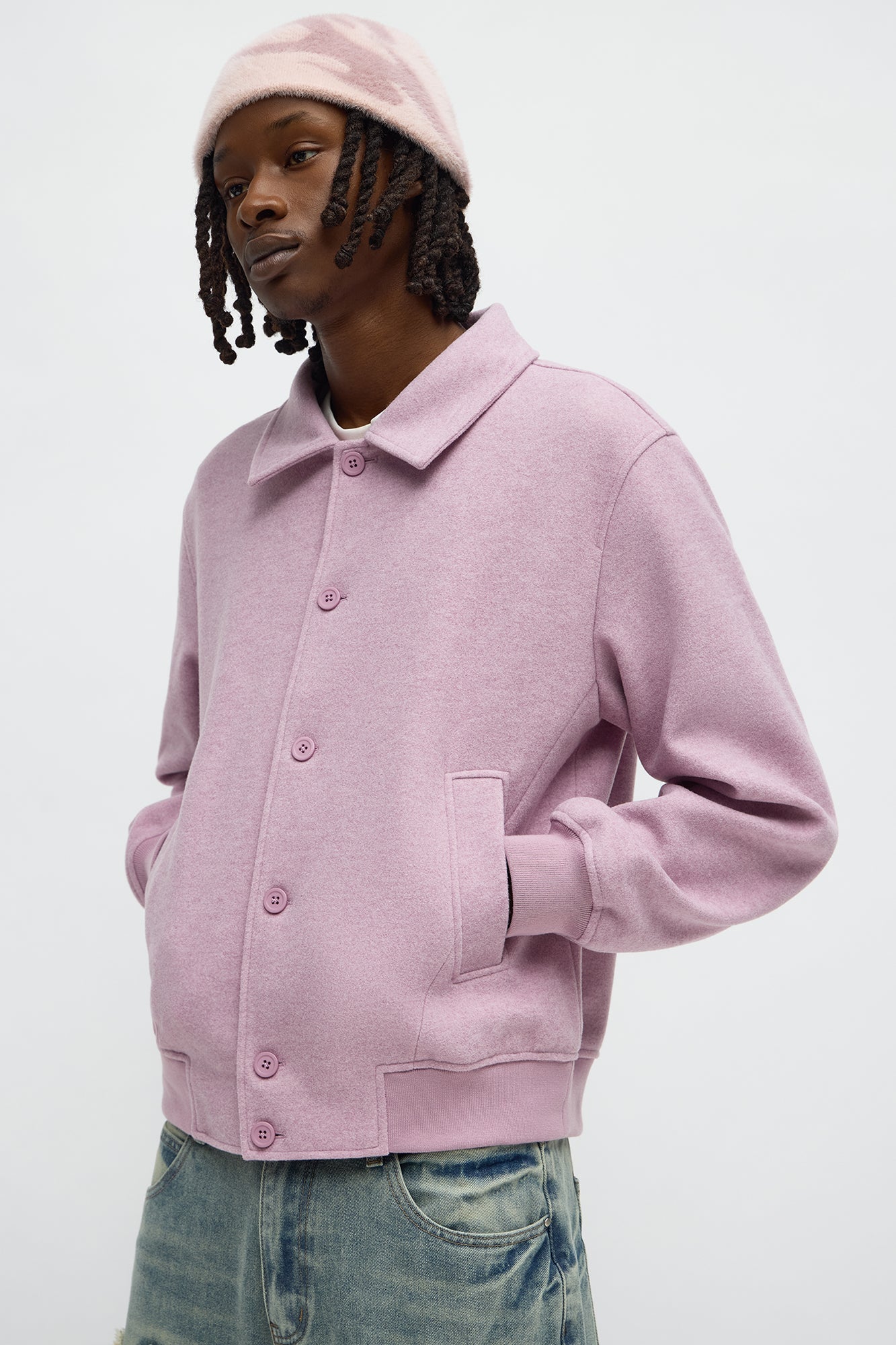 Elevated On The Run Faux Wool Bomber Jacket - Mauve