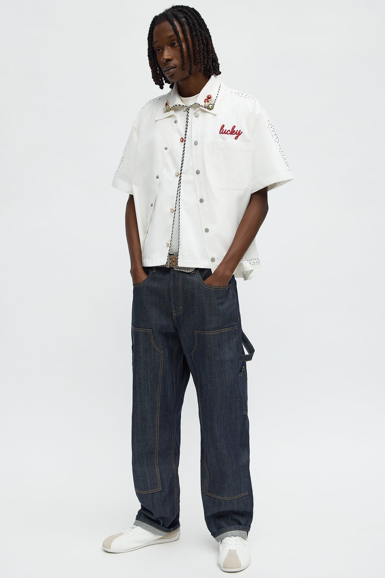 Relaxed Embellished Lucky Button Up Shirt - White