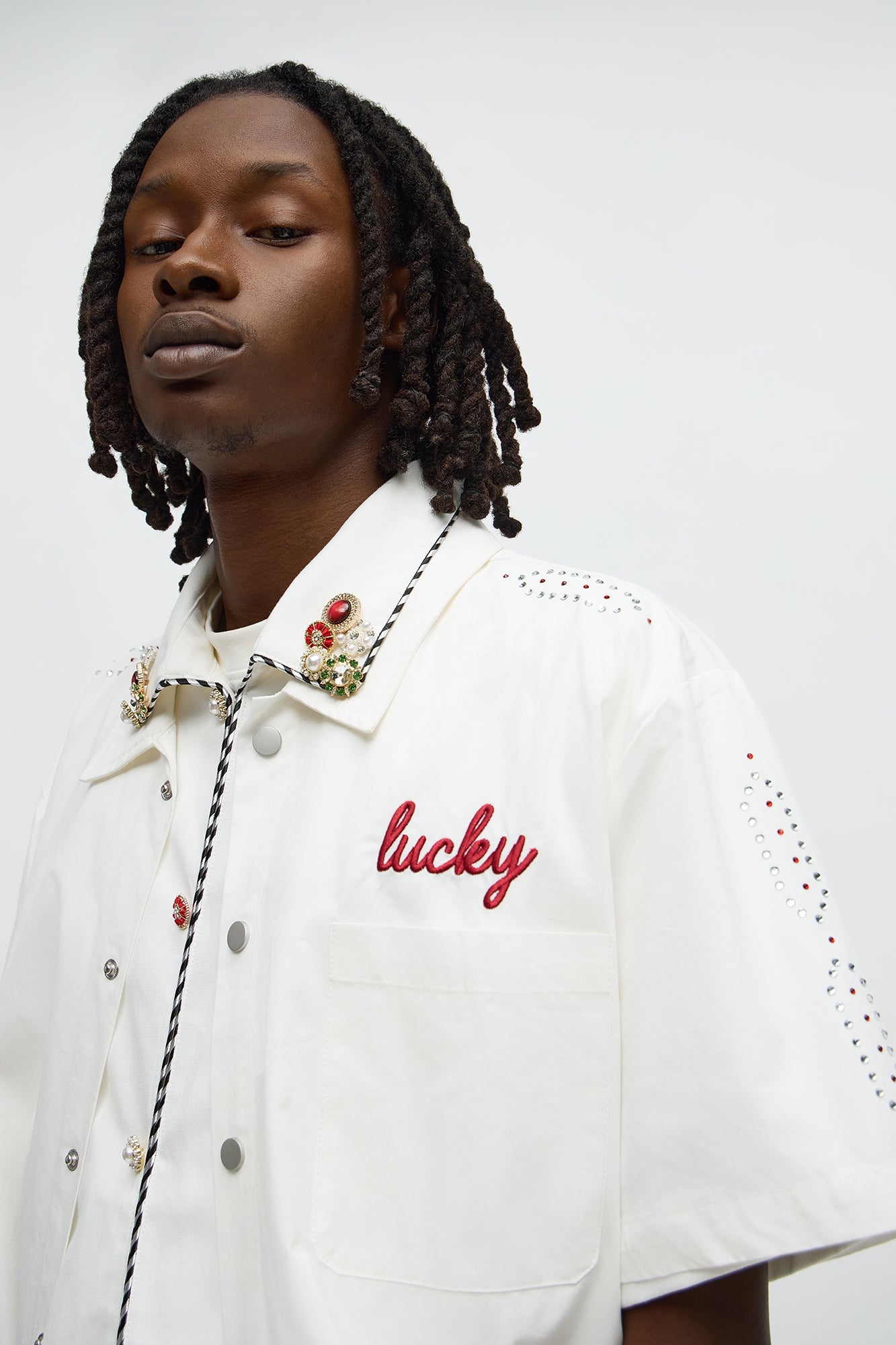 Relaxed Embellished Lucky Button Up Shirt - White