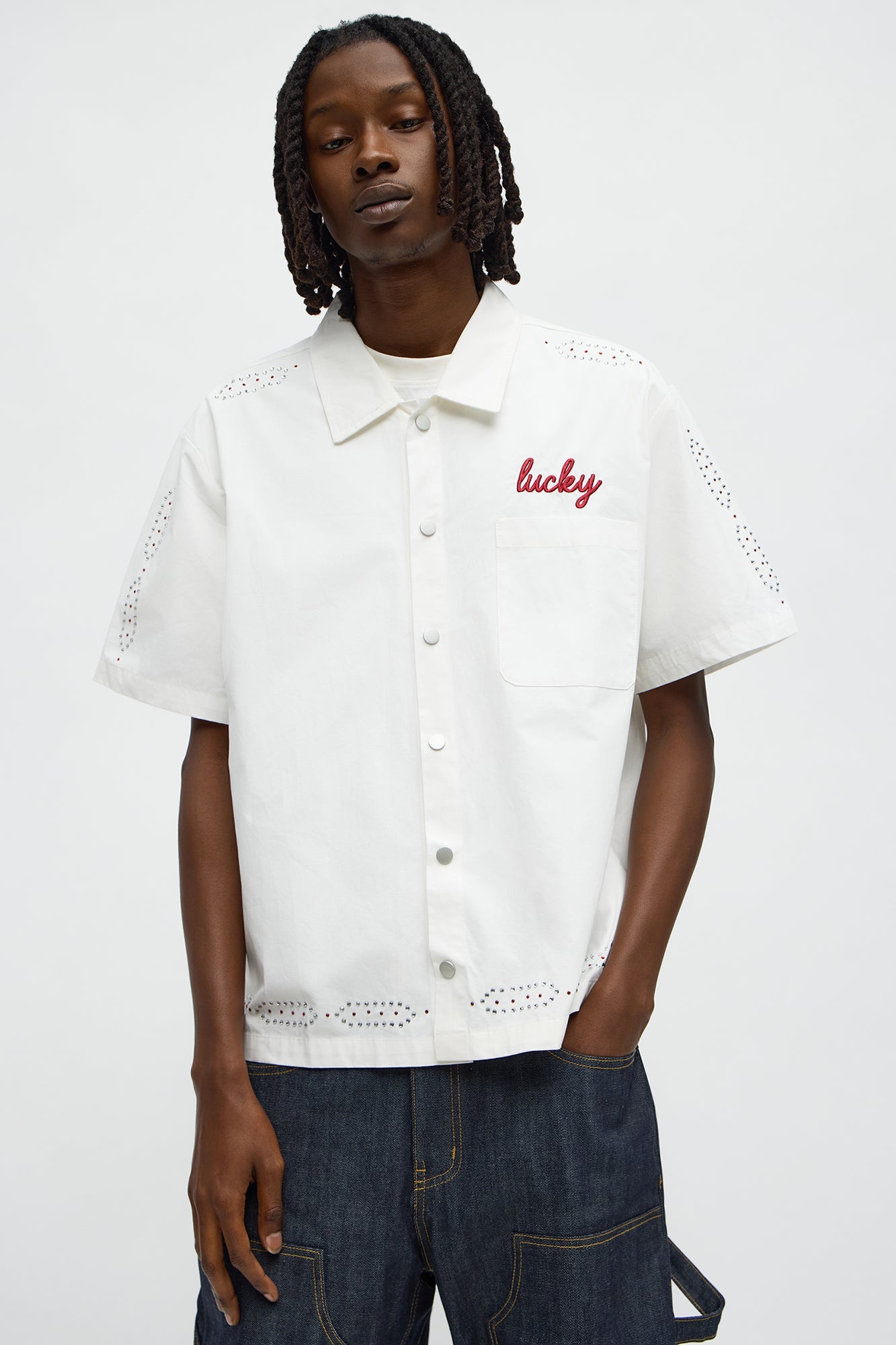 Relaxed Embellished Lucky Button Up Shirt - White