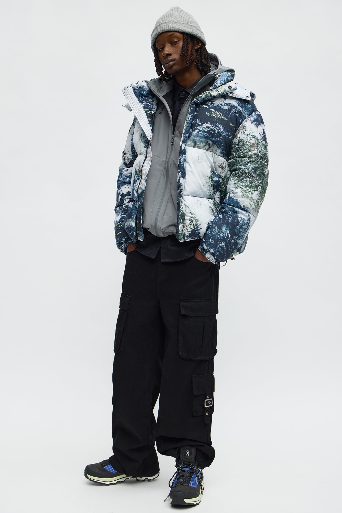 Hooded Planet Earth Puffer Jacket - Multi Color