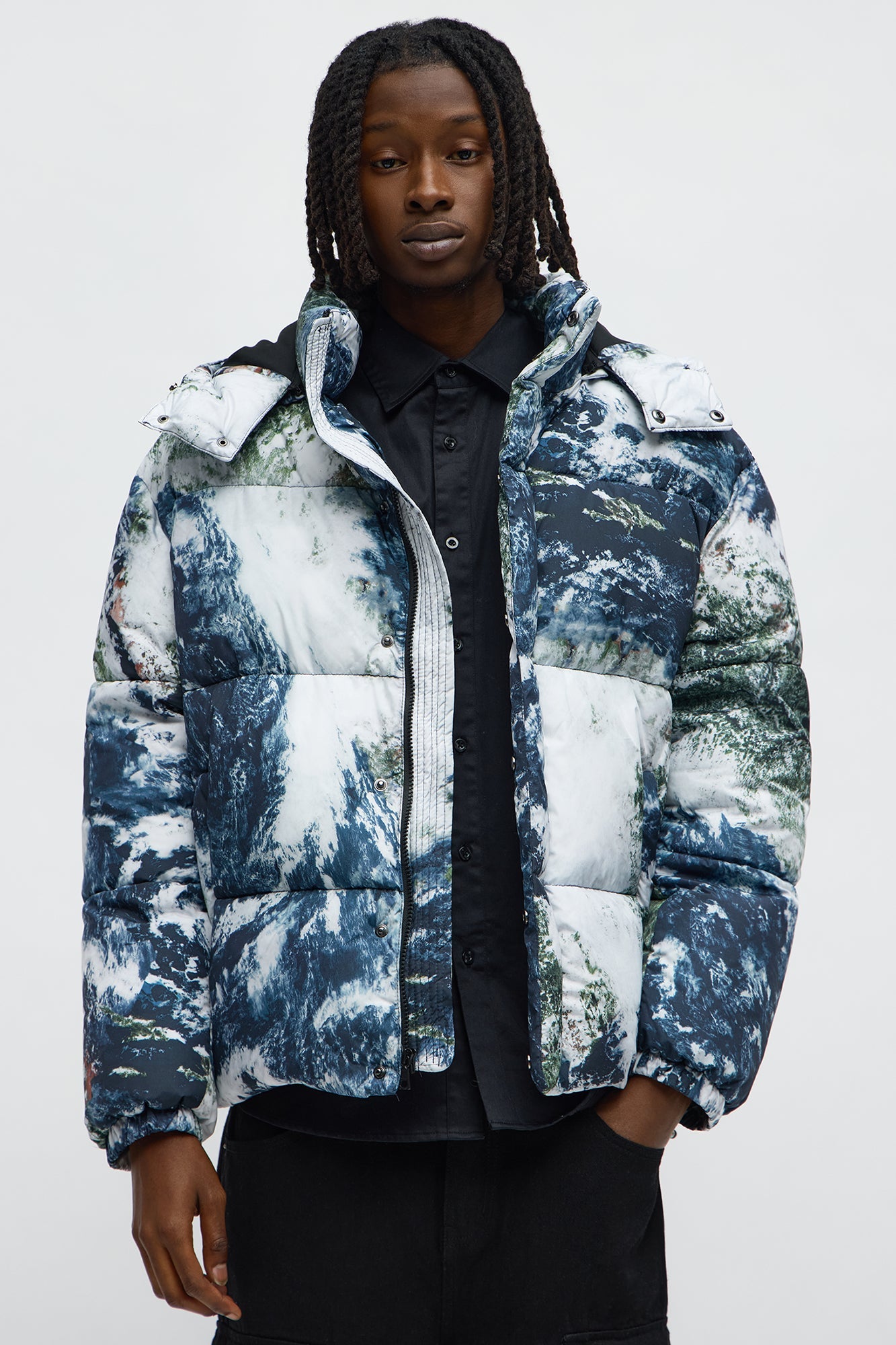 Hooded Planet Earth Puffer Jacket - Multi Color