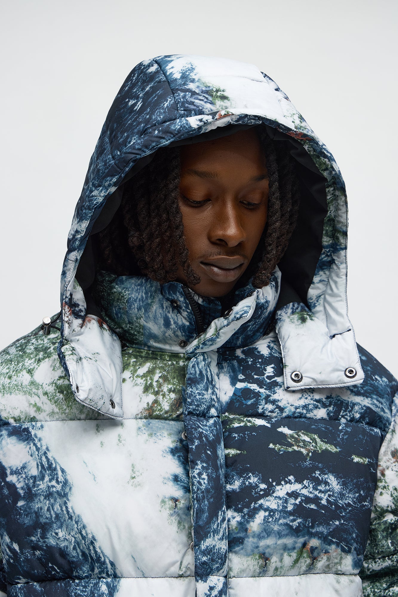 Hooded Planet Earth Puffer Jacket - Multi Color