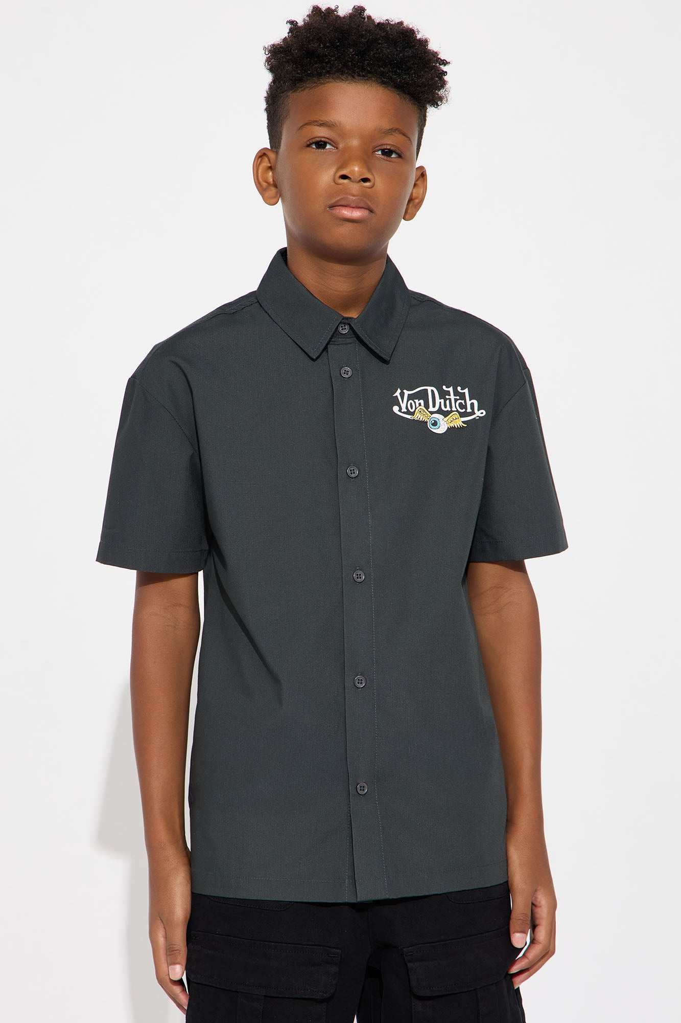 Mini Cropped Von Dutch Moto Apparel Button Up Shirt - Black