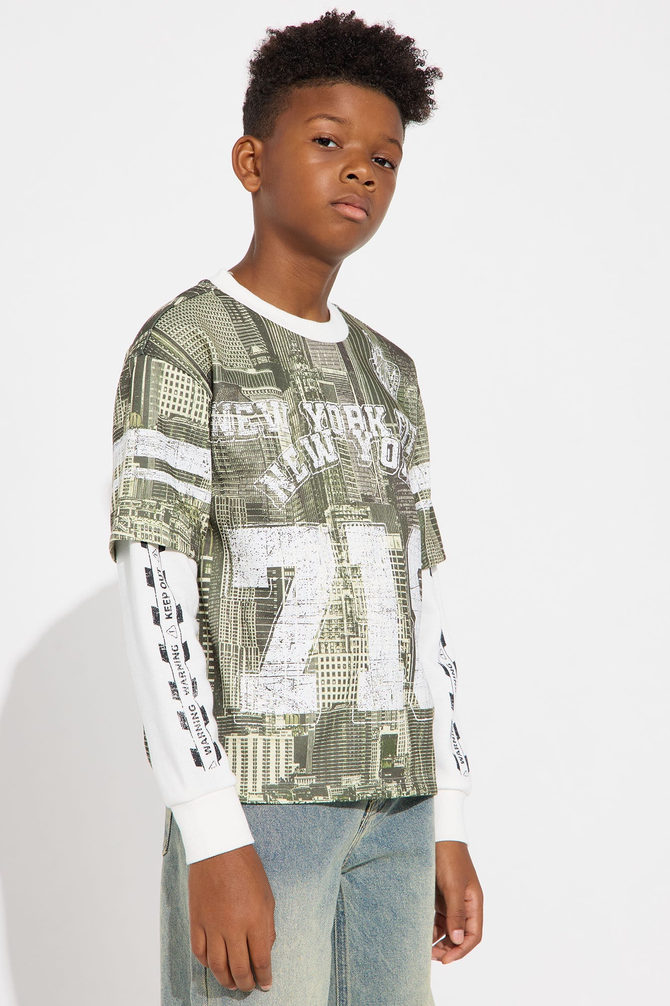 Mini Oversized Concrete Jungle Skylines Long Sleeve Tee - Green/combo