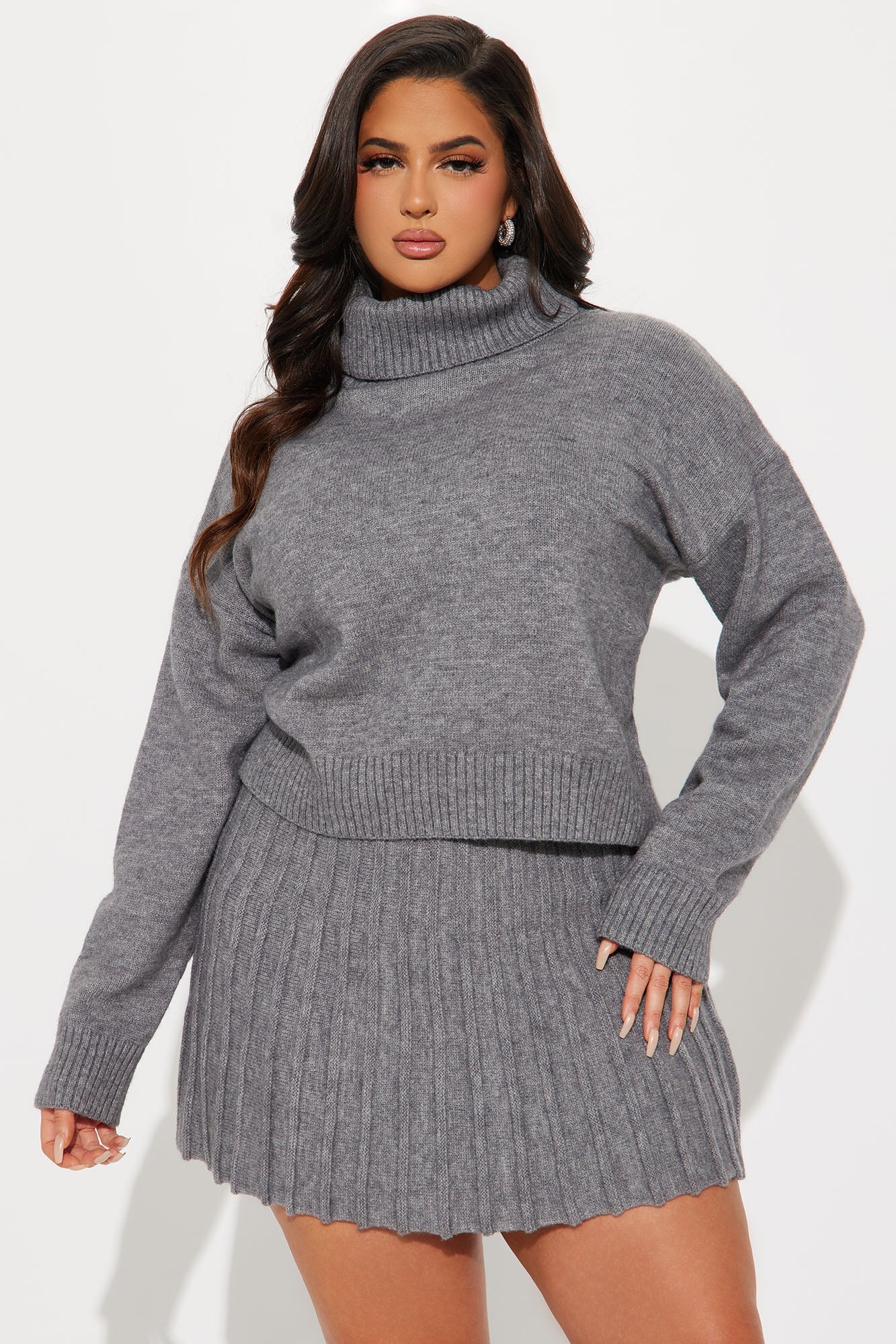 First Look Pleated Sweater Skirt Set - Grey