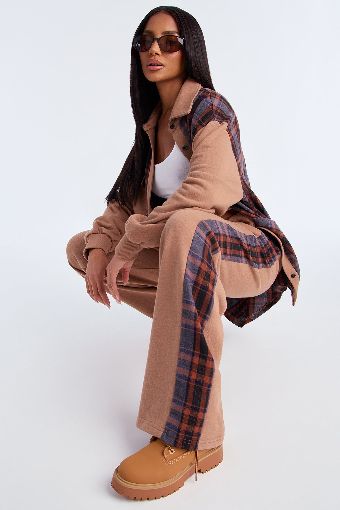 Camryn Plaid Pant Set - Mocha/combo