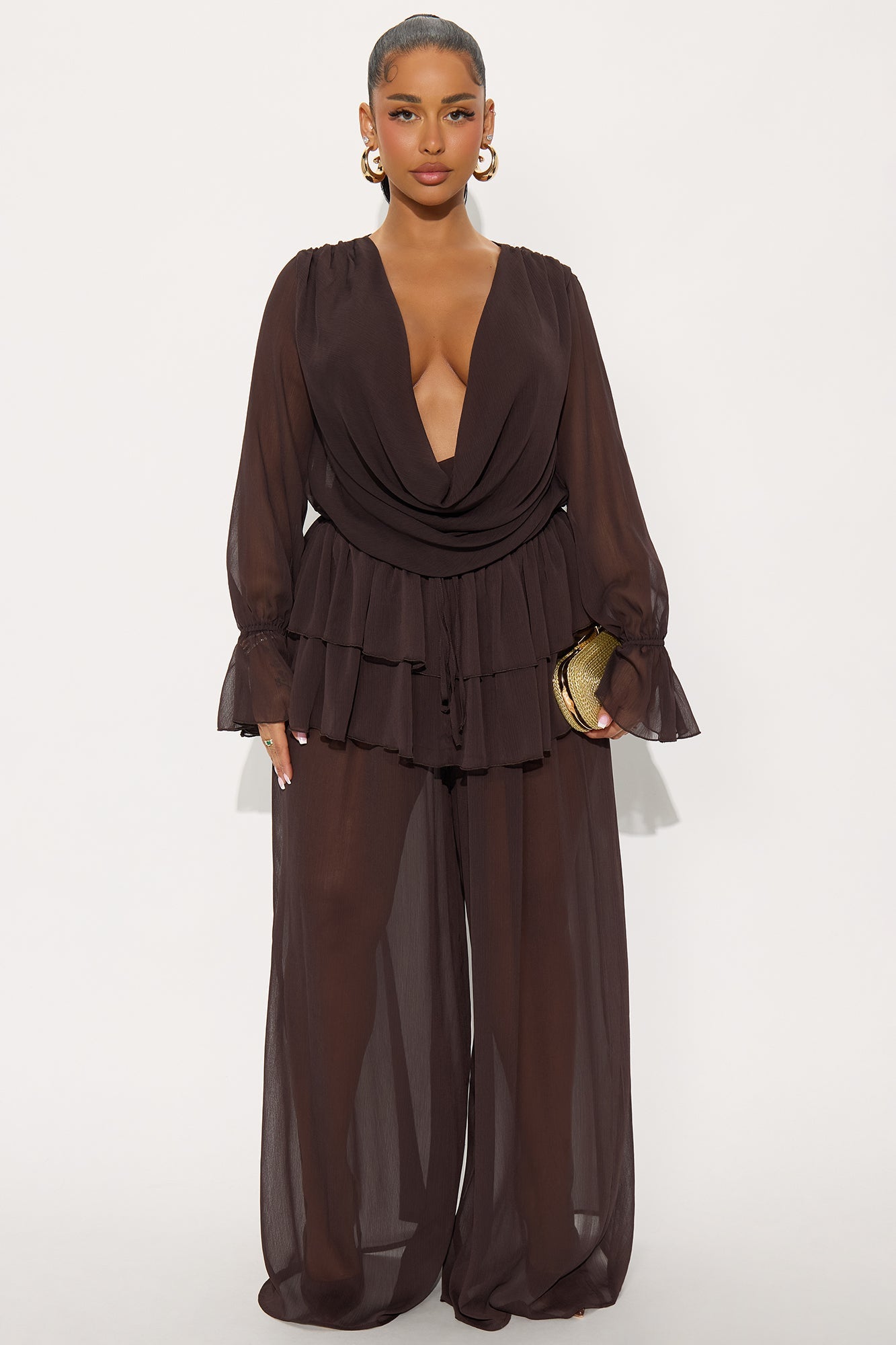 Romantic Night Ruffle Pant Set - Chocolate