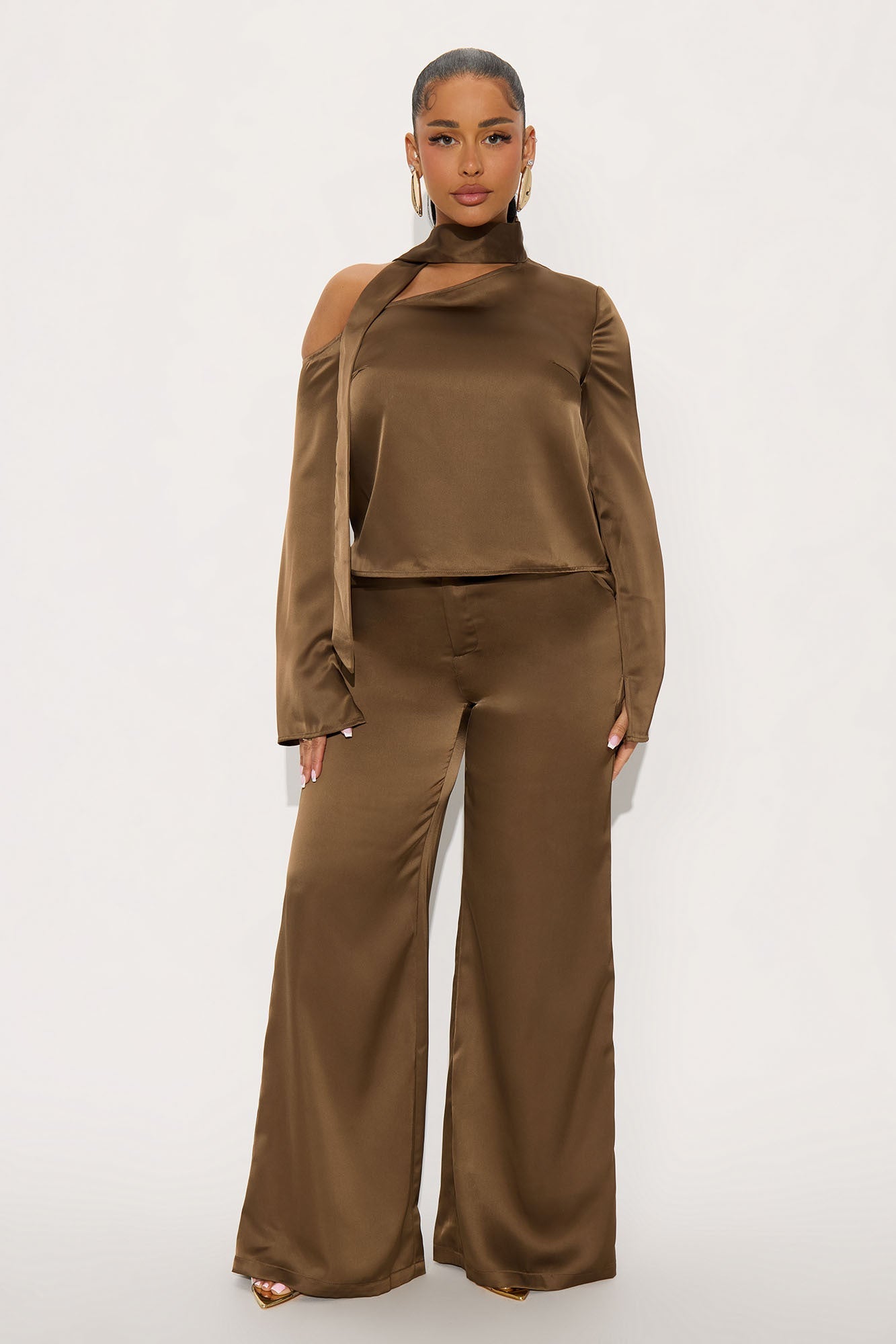 Tiana Off Shoulder Satin Scarf Pant Set - Mocha