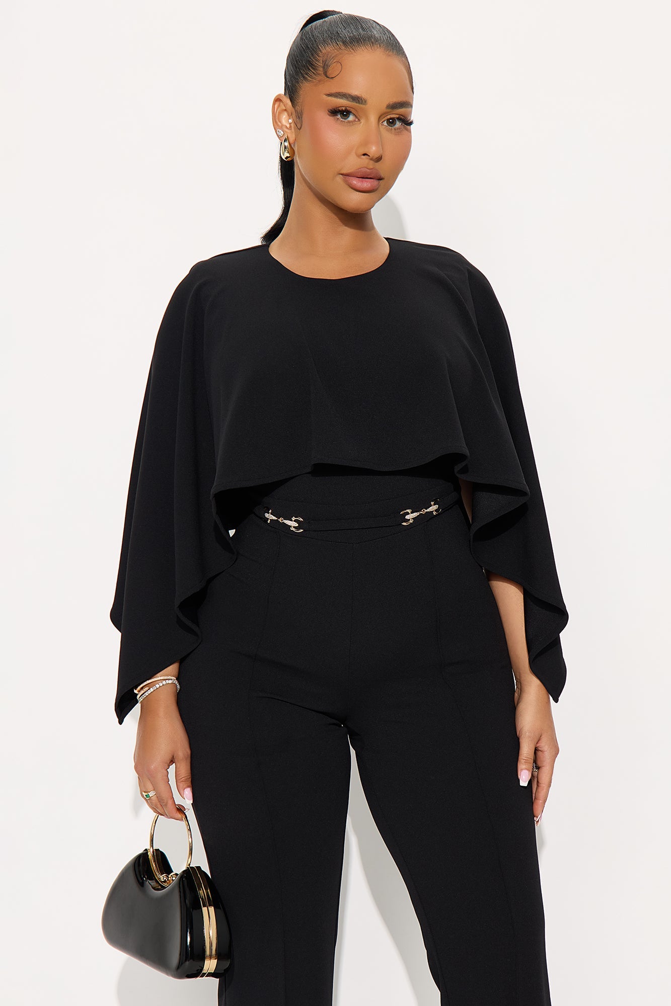 The Mastermind Cape Sleeve Straight Leg Jumpsuit - Black