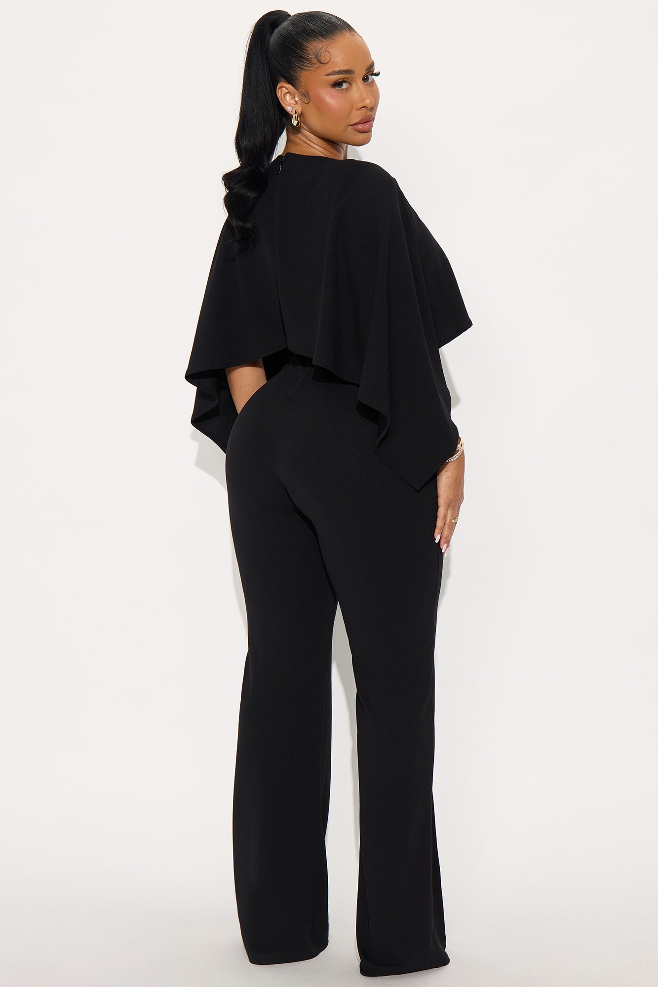 The Mastermind Cape Sleeve Straight Leg Jumpsuit - Black
