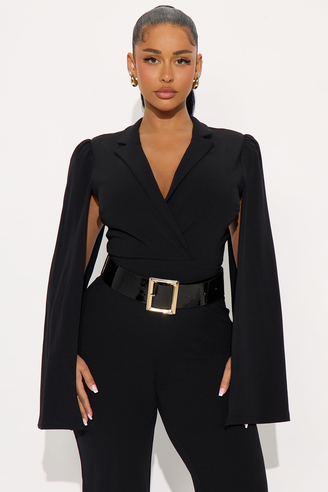 Ceo Vibes Cape Sleeve Belted Jumpsuit - Black