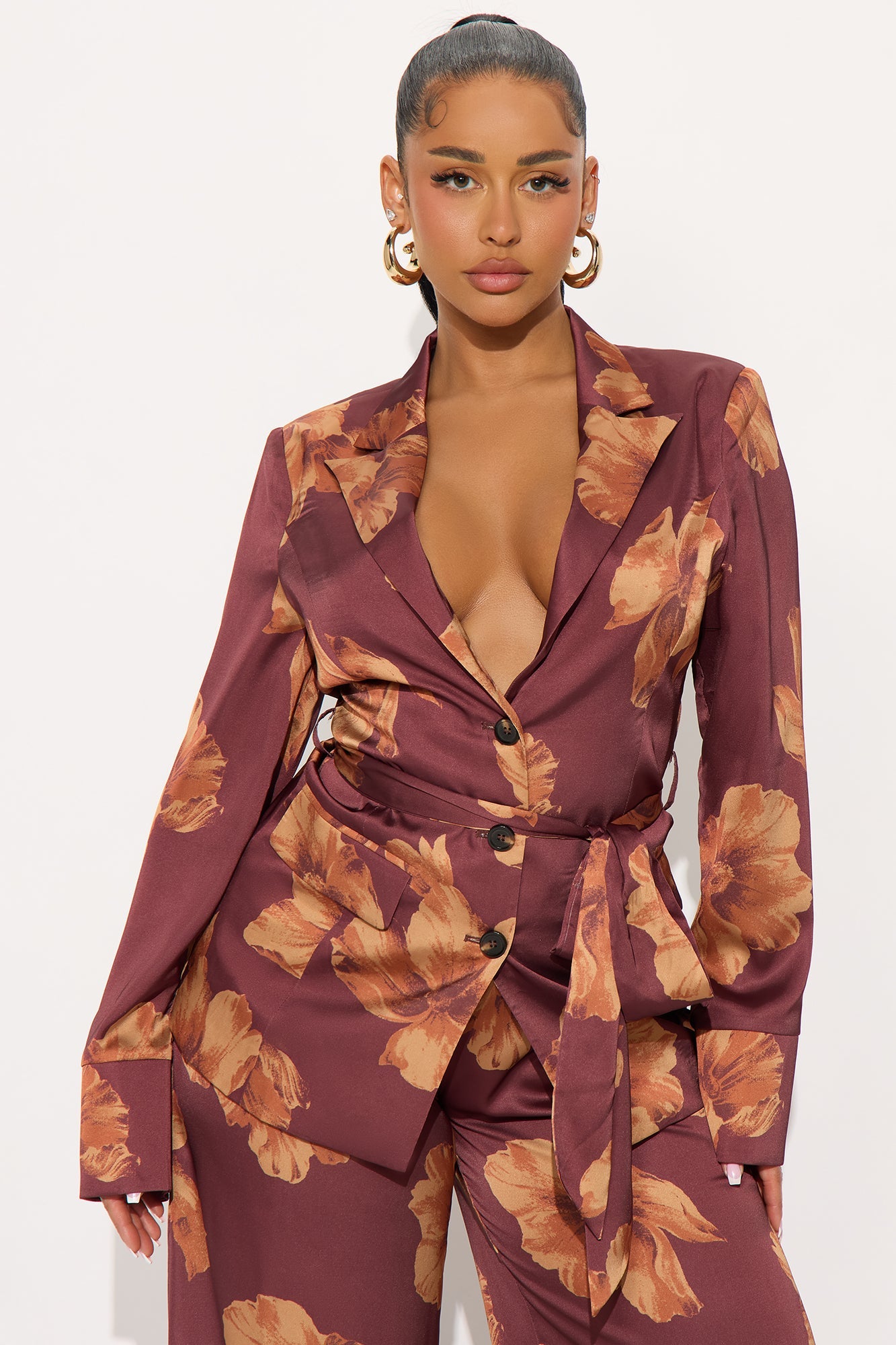 In My Floral Satin Blazer Pant Set - Brown/combo