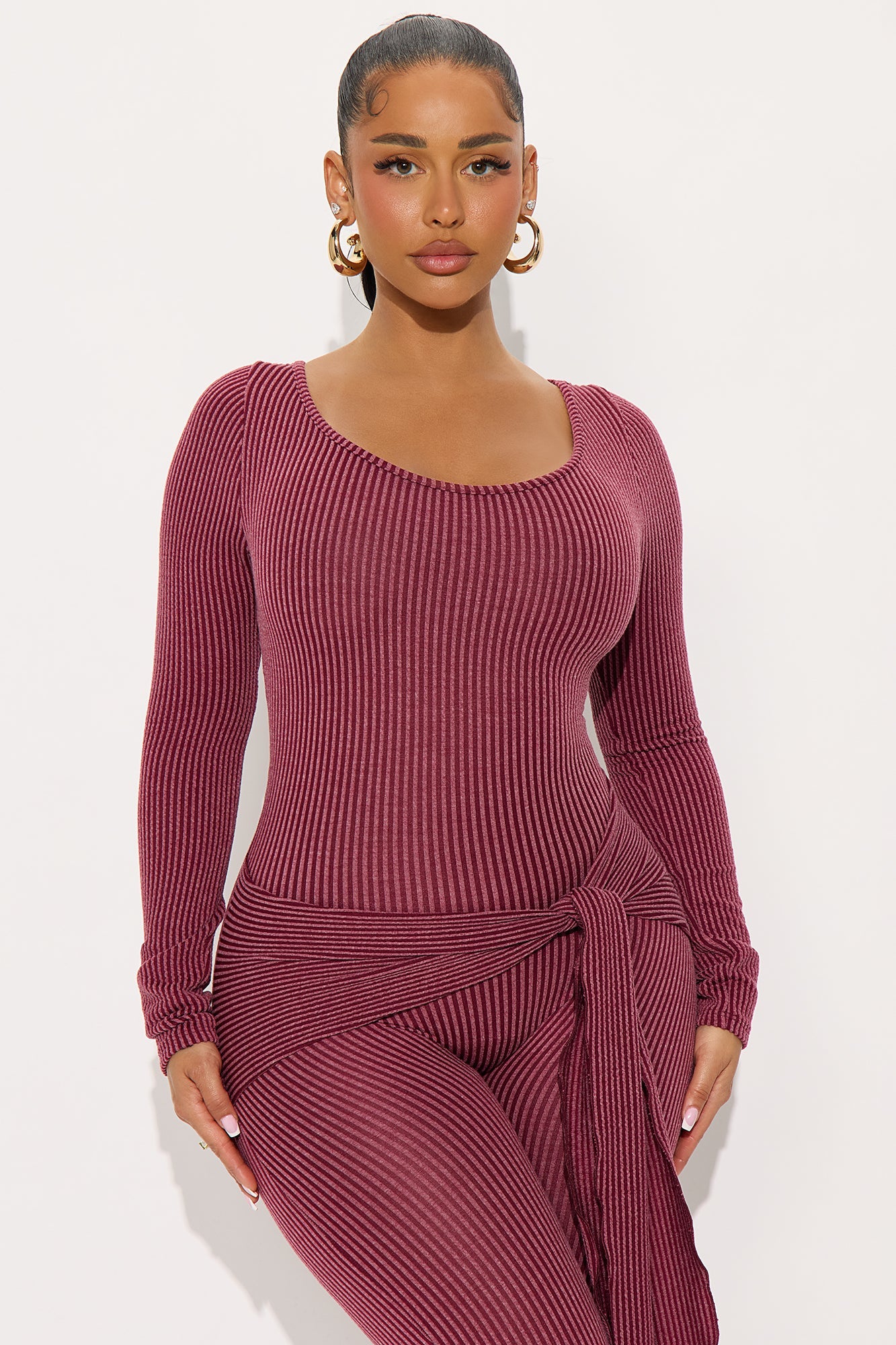 Kate Ribbed Long Sleeve Jumpsuit - Wine