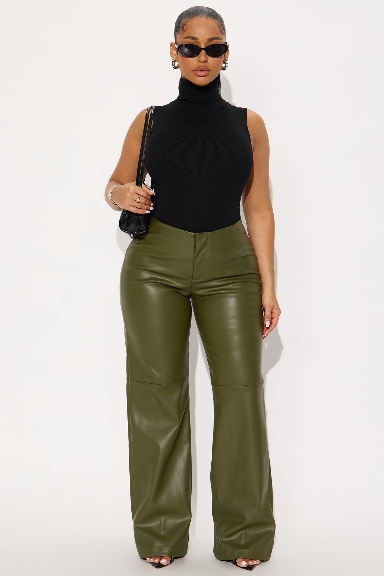 Athena Faux Leather Wide Leg Pant 33″ - Olive
