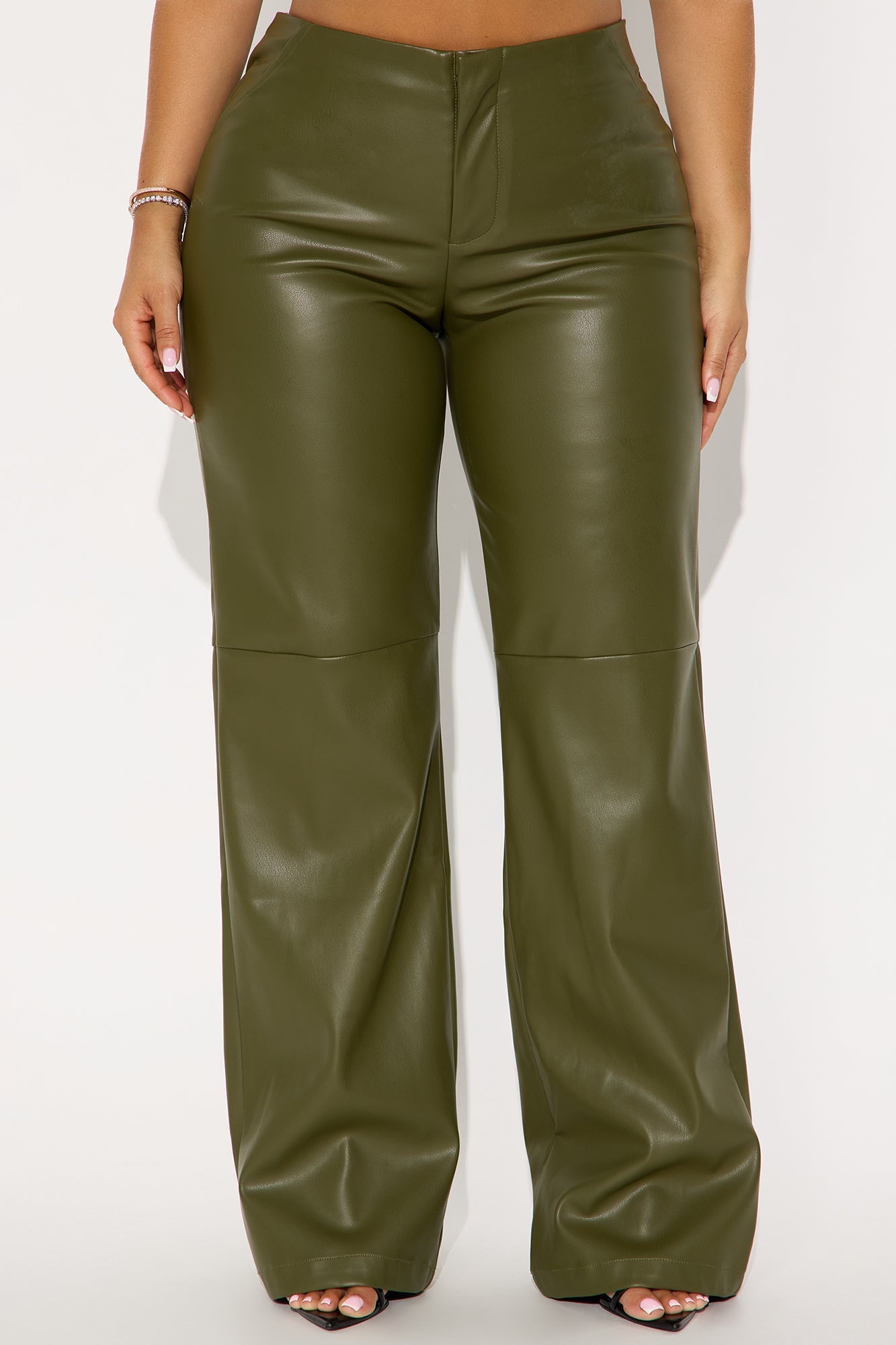 Athena Faux Leather Wide Leg Pant 33″ - Olive
