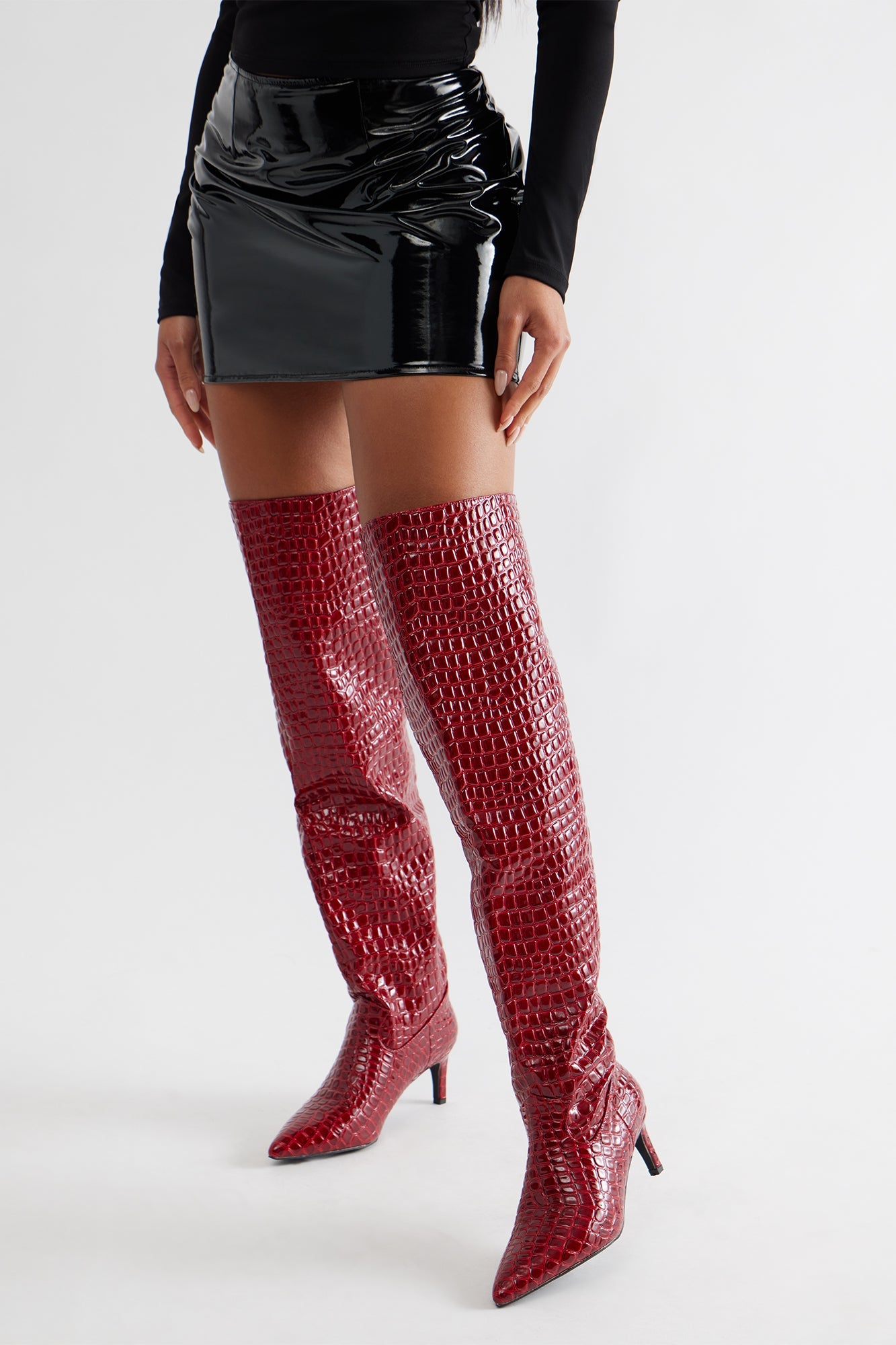 Snappy Croc Thigh High Boots - Burgundy