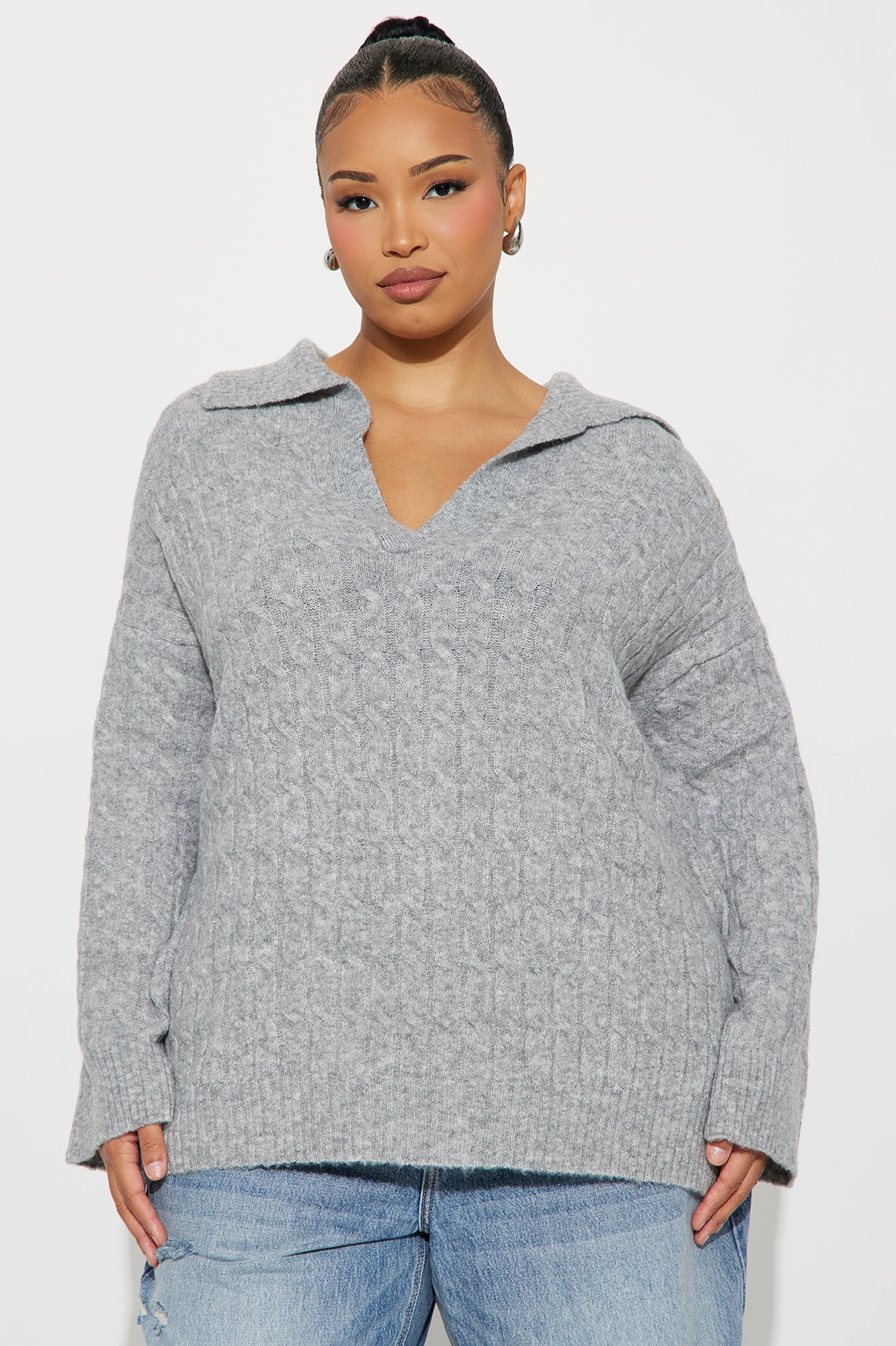 Mylie Cable Knit Polo Sweater - Heather Grey