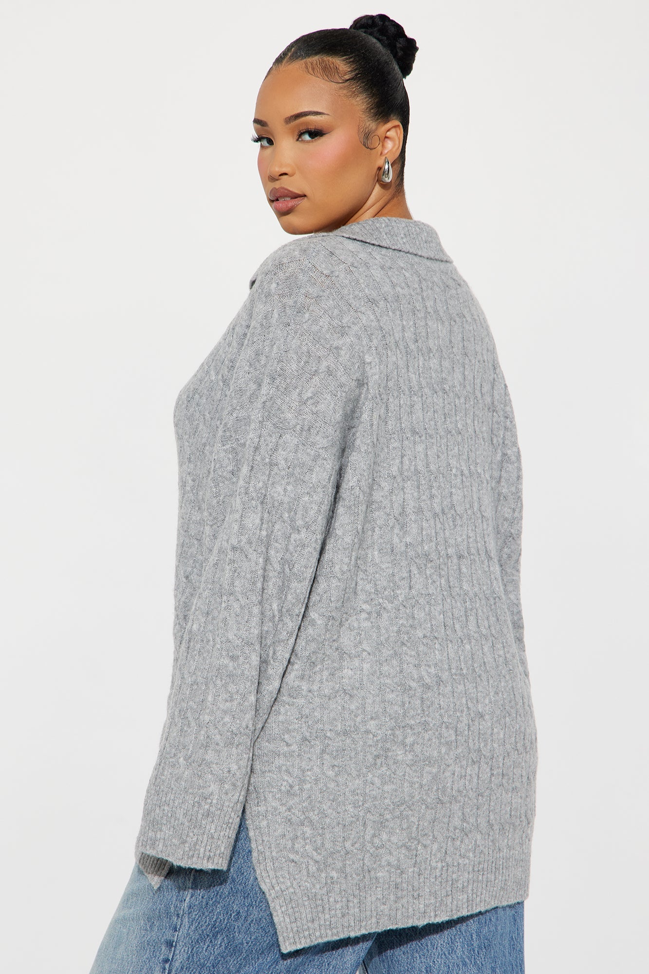 Mylie Cable Knit Polo Sweater - Heather Grey