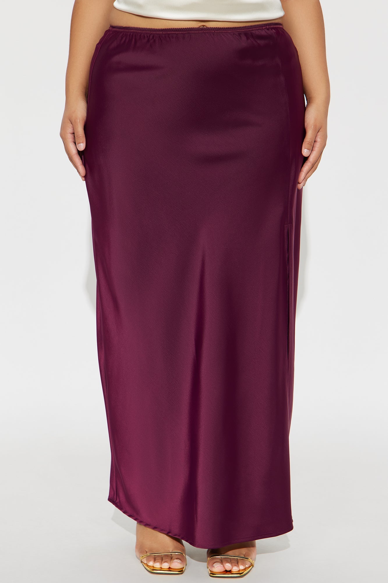 Love At Midnight Satin Front Slit Maxi Skirt - Wine
