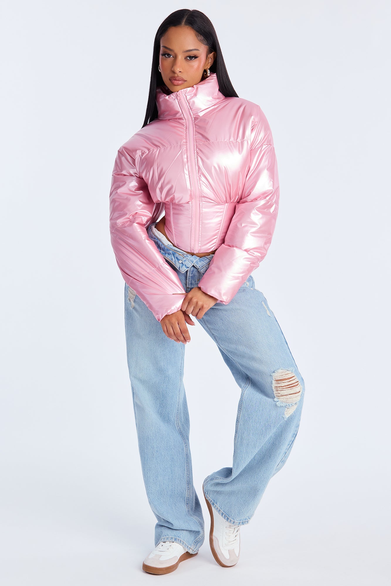 Outshine The Rest Patent Faux Leather Puffer Jacket - Pink