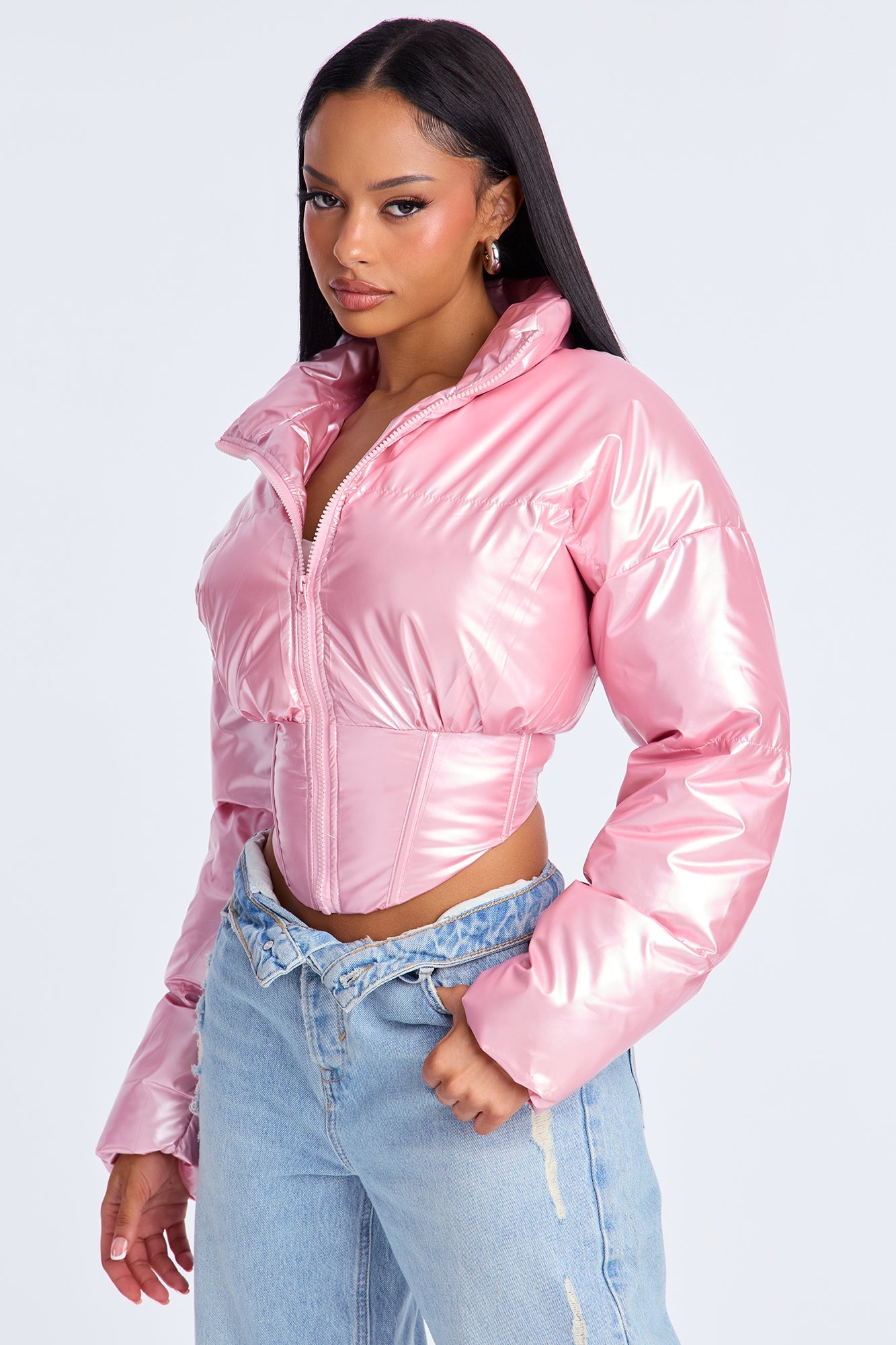 Outshine The Rest Patent Faux Leather Puffer Jacket - Pink