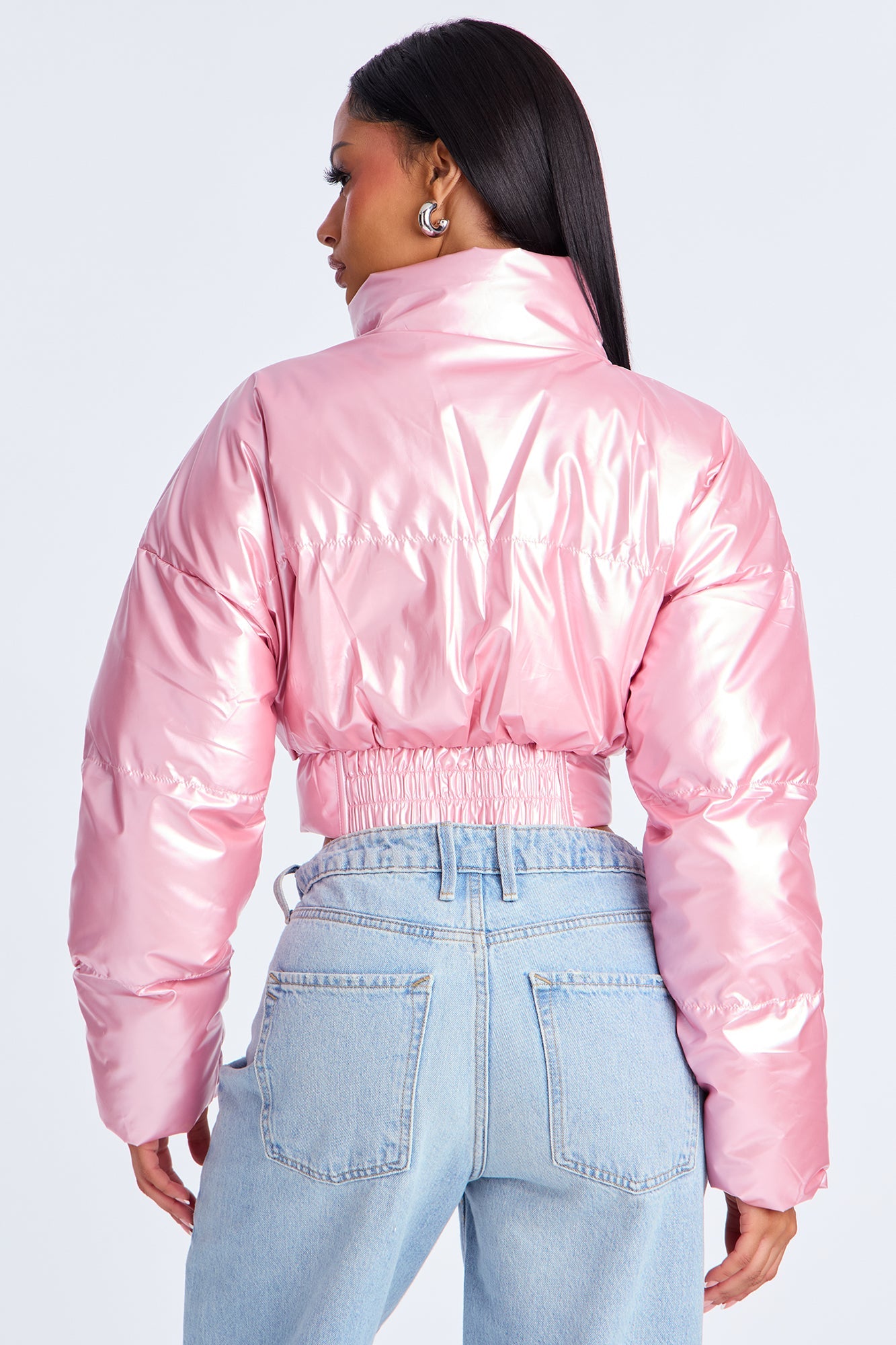 Outshine The Rest Patent Faux Leather Puffer Jacket - Pink